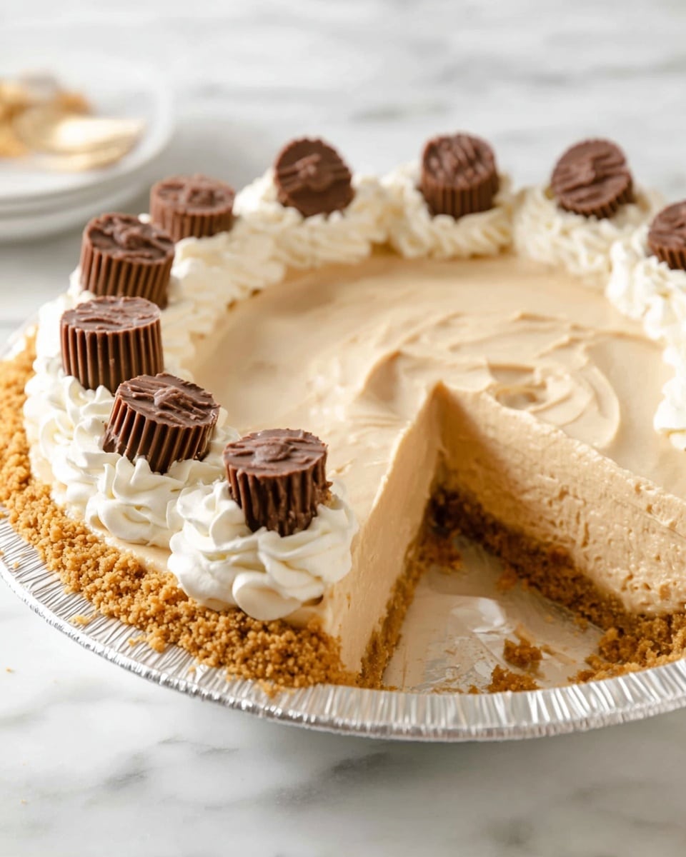 A creamy peanut butter pie with two layers, the bottom layer being a light brown crumbly crust and the thick top layer a smooth pale peanut butter filling. The pie is decorated with eight white swirls of whipped cream evenly spaced around the edge, each topped with a miniature peanut butter cup showing its chocolate brown color and ridged texture. One slice is missing from the front, revealing the thick filling and crumbly crust inside. The pie is in a foil pie tin sitting on a white marbled surface. Photo taken with an iphone --ar 4:5 --v 7