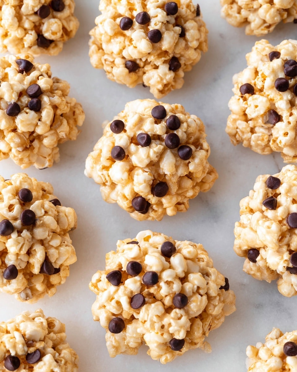 Clusters made of light beige popcorn and crispy rice cereal are round and textured, each topped with small dark chocolate chips scattered unevenly across their surface. The treats have an irregular, bumpy shape with multiple layers of popcorn and cereal tightly packed together, creating a dense, crunchy look. They sit close to each other on a white marbled surface giving a clean and bright background, making the warm beige and dark chocolate colors stand out clearly. The photo taken with an iphone --ar 4:5 --v 7