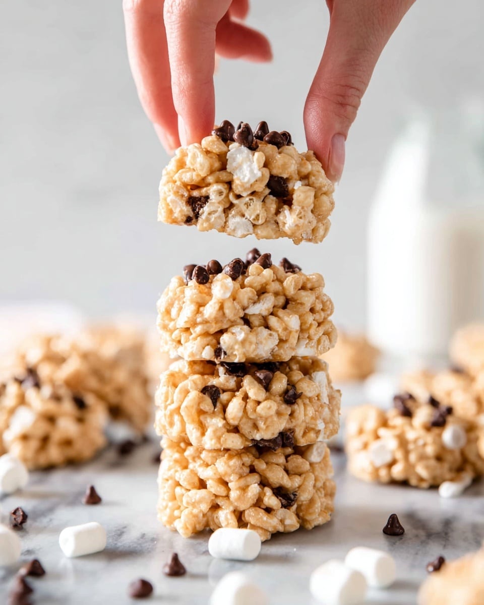 The image shows a stack of four round, lumpy light tan treats made from puffed rice mixed with melted marshmallow or similar binder, with small dark chocolate chips embedded throughout. The stack is placed on a white marbled surface with scattered chocolate chips and tiny white marshmallows around it. A woman's hand is pinching and lifting the top treat, showing its soft, textured, and slightly sticky appearance. The background is softly blurred with more clusters of the same treat and a white bottle, highlighting the main stack in the foreground. photo taken with an iphone --ar 4:5 --v 7