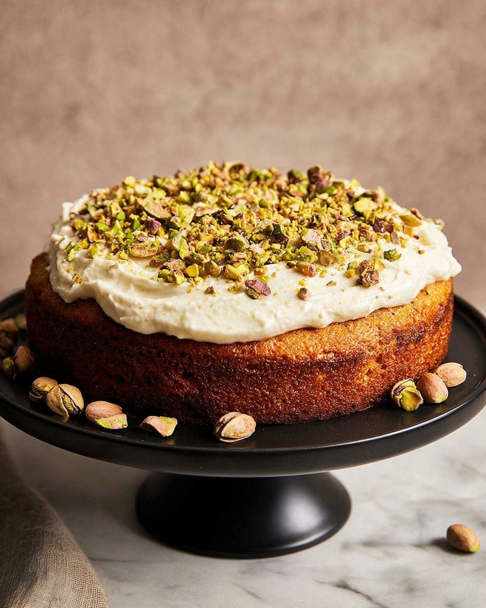 A single-layer golden brown cake sits on a black cake stand, topped with a thick, creamy white frosting spread unevenly across the top. The frosting is sprinkled generously with chopped pistachios, adding a touch of green and brown textures. Around the base of the cake, whole and cracked pistachio nuts are scattered, resting on the black surface of the stand. The background features a soft beige tone, and the surface under the stand is a white marbled texture. photo taken with an iphone --ar 4:5 --v 7