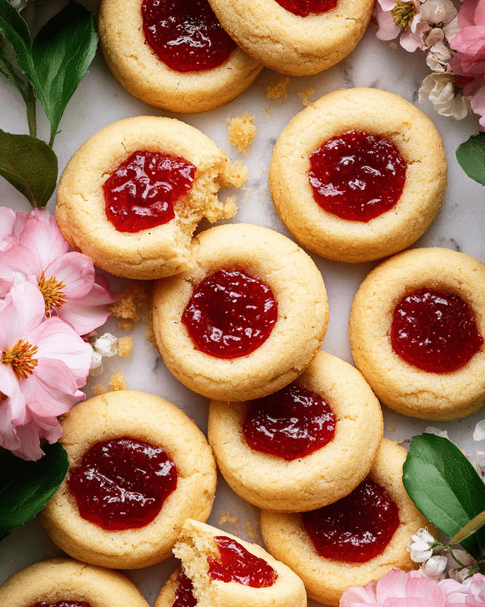 The image shows many round cookies with a golden-baked outer layer and a center filled with shiny, red jam that looks a bit chunky and glossy. They are placed closely together on a white marbled surface, with some cookie crumbs scattered around. A few cookies have a bite taken out, revealing a soft inner texture. Surrounding the cookies, there are pink and white flowers with green leaves, adding a fresh and colorful touch to the display. The cookies appear soft with smooth edges and a bright, inviting jam center. photo taken with an iphone --ar 4:5 --v 7