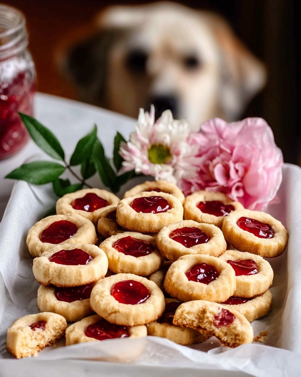 A white tray lined with white parchment paper holds many jam thumbprint cookies, each with a golden brown base and a shiny red jam-filled center. The cookies are stacked in small piles and spread out, some partially eaten, showing a crumbly texture inside. Fresh pink and white flowers with green leaves are artfully placed among the cookies for decoration. In the background, a blurred dog looks at the tray, creating a warm and cozy atmosphere. The photo is taken on a white marbled surface. photo taken with an iphone --ar 4:5 --v 7