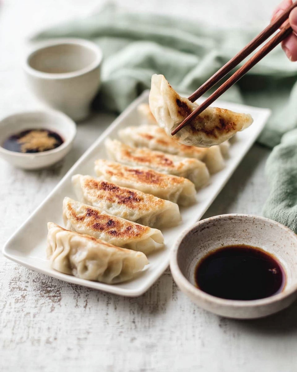 A white rectangular plate holds seven pan-fried dumplings arranged in a neat row, their tops light golden brown and slightly crispy while the rest of the dumpling skin is soft and pale. In the background, a woman's hand is holding a pair of wooden chopsticks lifting one dumpling above the plate. Beside the plate, there are two white small bowls, one filled with a dark soy dipping sauce and the other empty but appearing black inside. A light green cloth is softly folded and placed behind the bowls on a white marbled surface. Photo taken with an iphone --ar 4:5 --v 7