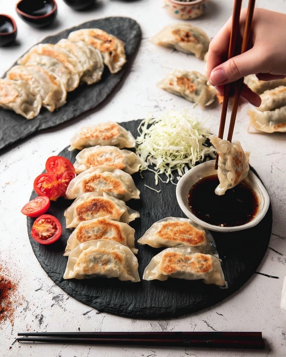 A round dark slate plate holds two neat rows of golden-brown pan-fried dumplings with slightly crispy edges and soft, pale dough tops. On the right side, there's a small white bowl filled with dark soy sauce, where a woman's hand using chopsticks dips a dumpling. Next to the bowl are fresh red cherry tomato halves and a small pile of finely shredded white cabbage. In the background, more dumplings lie on another dark slate plate with small dark dipping cups scattered around. The scene rests on a white marbled surface with a pair of black chopsticks positioned horizontally at the bottom. photo taken with an iphone --ar 4:5 --v 7