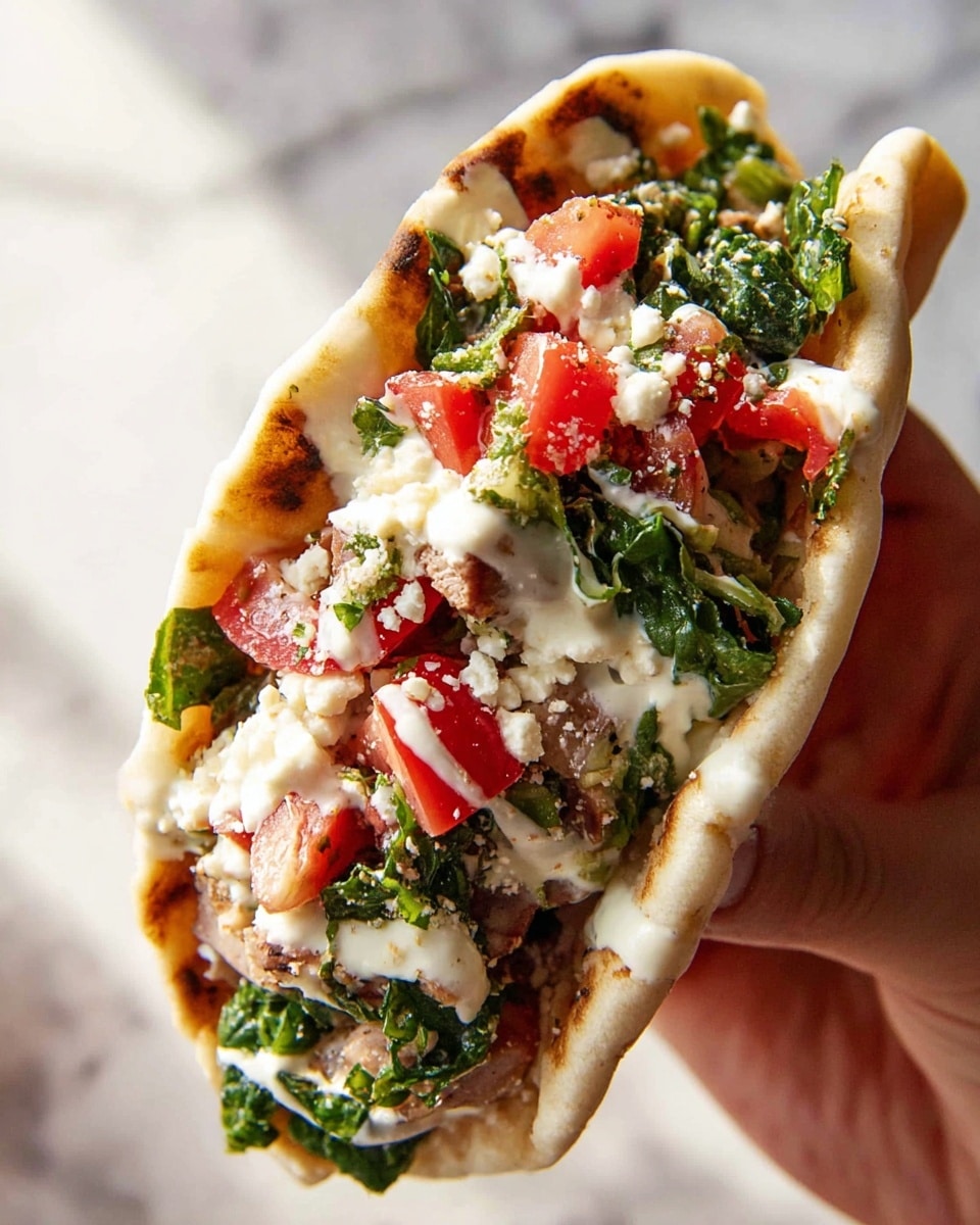 A close-up view shows a pita bread sandwich held by a woman's hand, with the white pita slightly toasted on the outside. Inside, there are three layers of filling visible: the bottom layer has green leafy vegetables mixed with chunks of beige-colored meat, the middle layer includes bright red diced tomatoes interspersed with white crumbled cheese, and the top layer is drizzled with a creamy white sauce that lightly coats the ingredients, adding a smooth texture. The background is a white marble surface that softly reflects the sandwich. Photo taken with an iphone --ar 4:5 --v 7