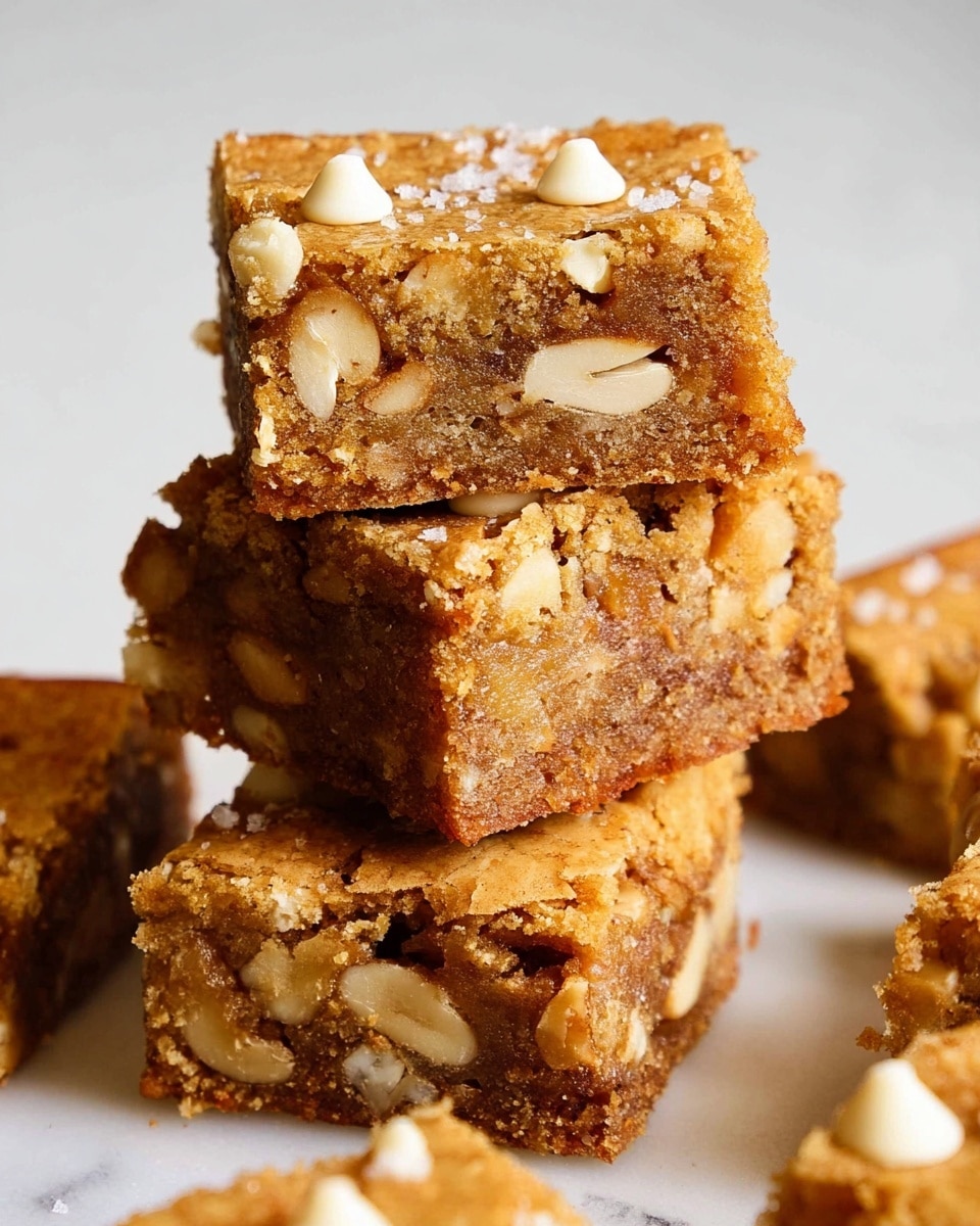 A close-up view of a stack of four square blondies with visible pieces of white nuts inside, showing a golden brown color with a slightly crumbly texture. The top blondie piece is decorated with three small white chocolate chips, and a few more white chocolate chips and coarse salt flakes are scattered on and around the stack. The blondies have a dense, chewy look, with textured surfaces that show nut pieces clearly throughout. The background is a white marbled texture. photo taken with an iphone --ar 4:5 --v 7