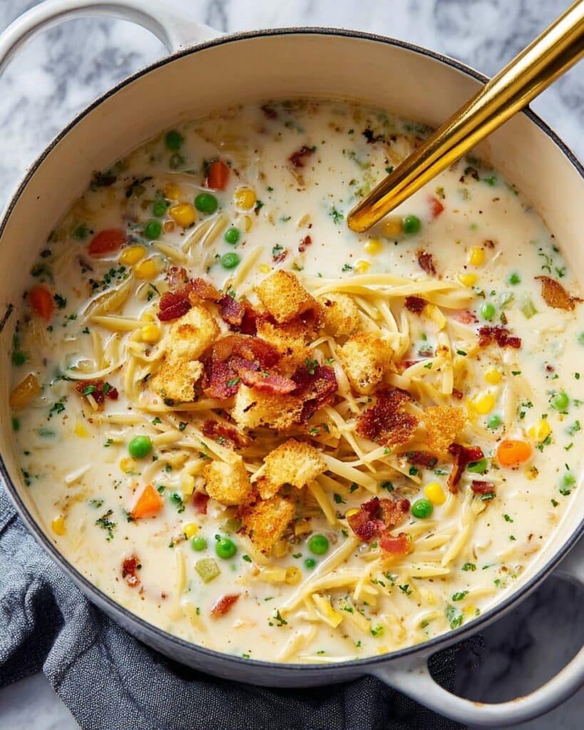 Creamy Chicken Noodle Soup with Mini Croutons Recipe