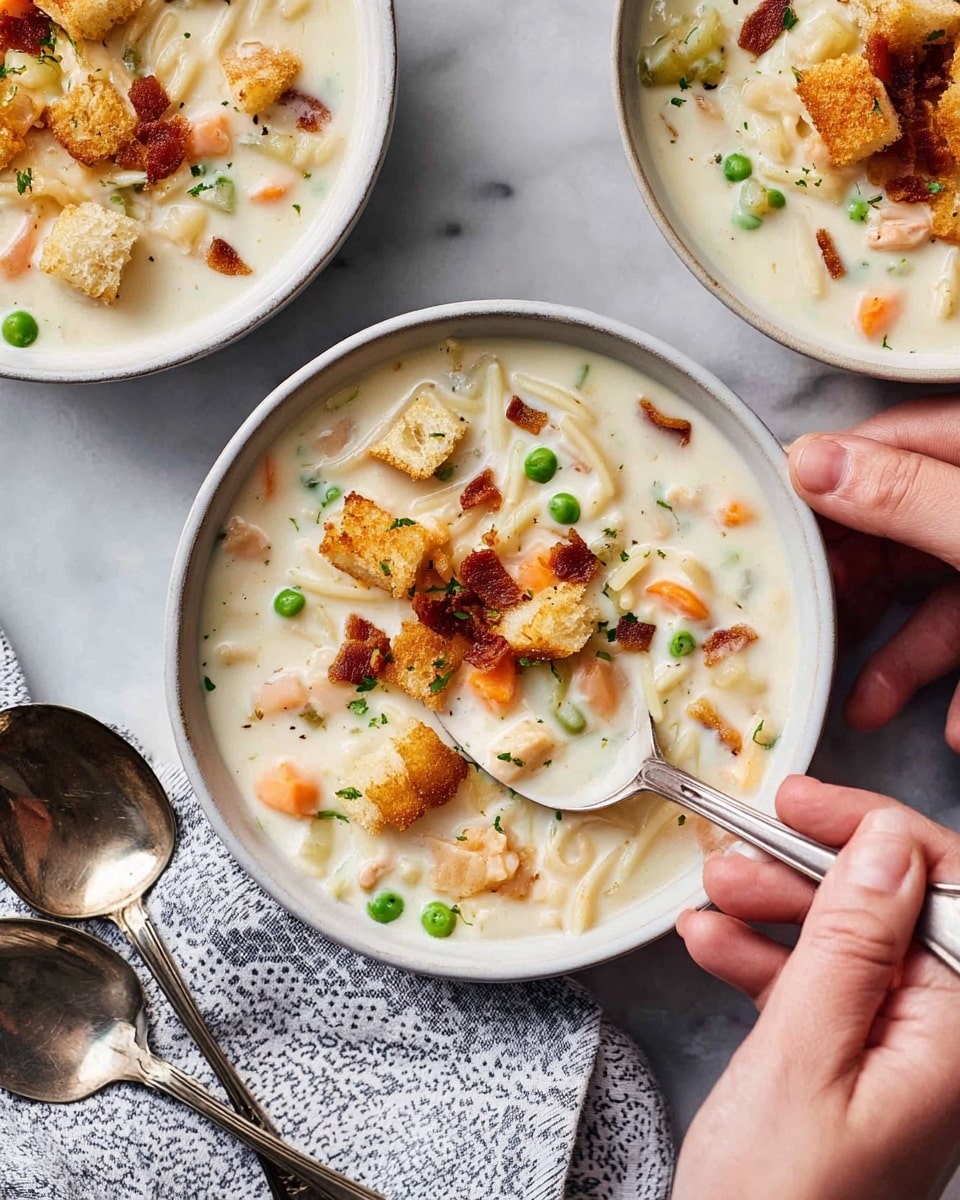 A close-up view of a creamy white soup with visible layers of ingredients in three white bowls set on a white marbled surface. The soup is thick and smooth with small chunks of orange carrots, green peas, and light-colored celery pieces spread throughout. Thin, pale noodles are mixed inside, and crispy golden-brown croutons rest on top along with small bits of dark brown bacon. A woman's hand is holding one bowl on the right side, while another woman's hand is holding a spoon dipping into the bowl on the left. Two silver spoons lie next to the bowls on a folded white and grey patterned cloth. Photo taken with an iphone --ar 4:5 --v 7