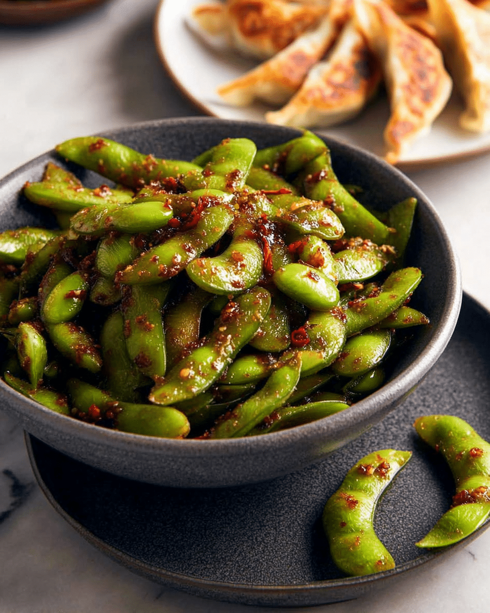 A dark gray bowl full of green edamame pods covered in a sticky, reddish-brown sauce with small bits of chili and garlic. Some edamame pods are also scattered on a matching dark gray plate and a dark gray surface, but the surface is changed to a white marbled texture. In the background, there is a white plate with pieces of golden brown fried dumplings. Photo taken with an iphone --ar 4:5 --v 7