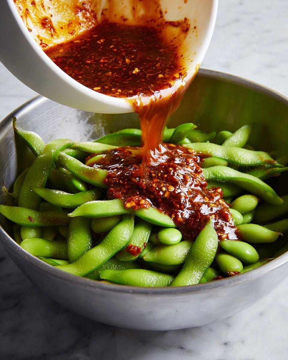 A silver mixing bowl filled with bright green edamame pods, fresh and slightly curved, forms the base layer. A white bowl is tilted above, pouring a thick, dark red-brown sauce with visible chili flakes and oily texture onto the edamame. The sauce contrasts sharply with the green pods and clings to the edges of the bowl as it flows down. The whole scene is set on a white marbled surface. photo taken with an iphone --ar 4:5 --v 7