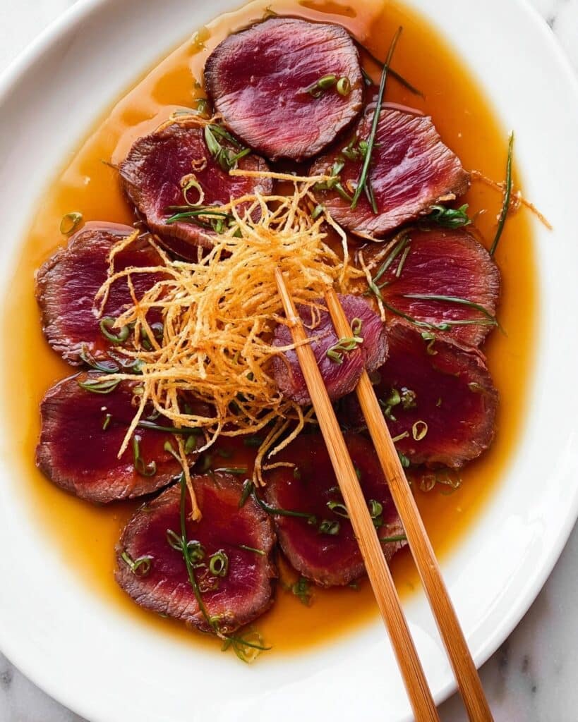Beef Tataki with Yuzu Dressing and Crispy Potato Straws Recipe
