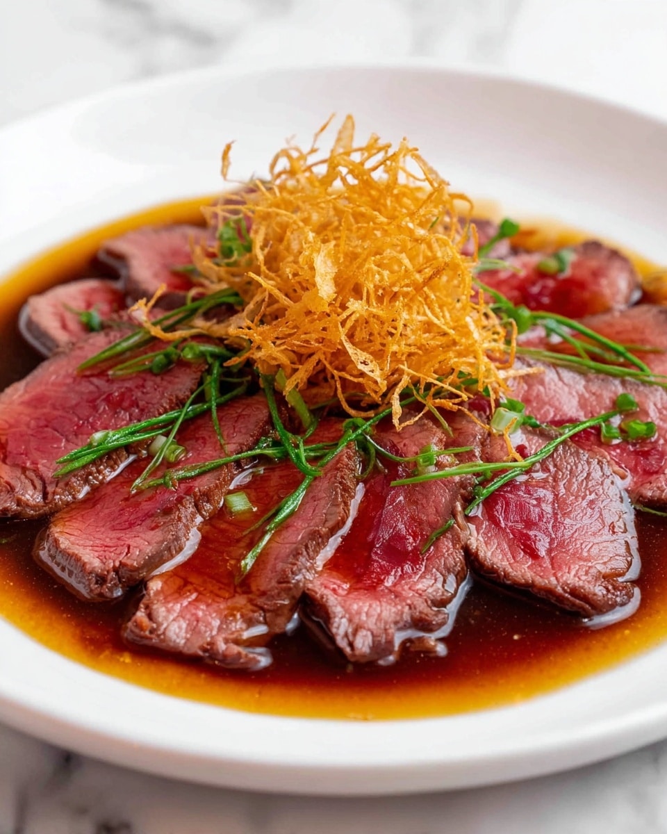 On a white plate, thin slices of red, medium-rare beef are arranged in a circle, slightly overlapping each other, with a glossy, dark brown sauce pooled underneath and around the edges. Bright green thin strips of garnish are scattered across the beef slices. In the center, there is a small mound of crisp, golden-brown fried thin strips, adding a crunchy texture. The plate sits on a white marbled surface. photo taken with an iphone --ar 4:5 --v 7