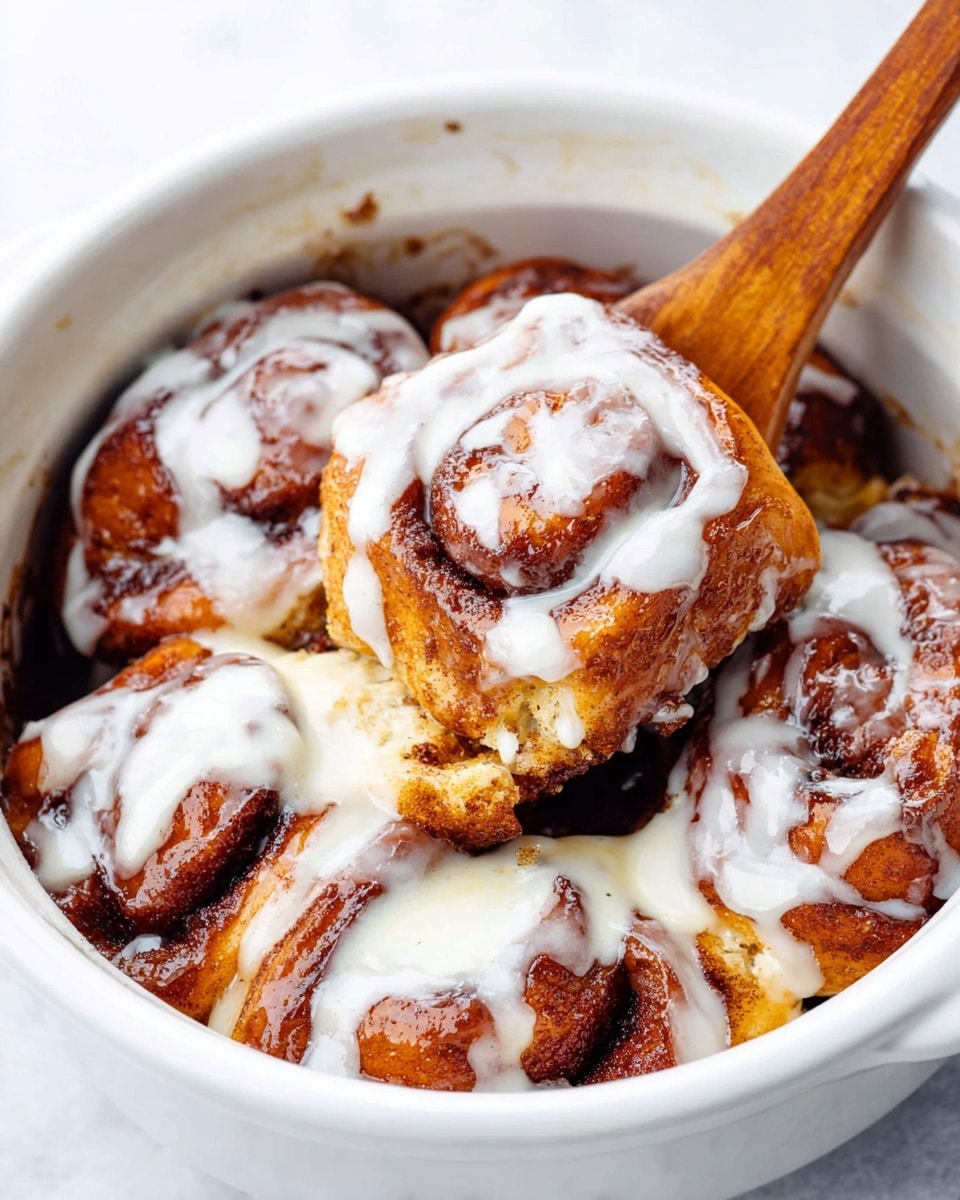 The image shows a close-up view of a white bowl filled with several pieces of soft, golden-brown cinnamon rolls layered with a rich, dark cinnamon spice coating. Each roll has a shiny, slightly sticky texture and is topped unevenly with a thick, creamy white glaze that drips down the sides. A wooden spoon scoops up a piece, adding a natural contrast to the bright white bowl. The cinnamon rolls are glossy with some caramelized spots, and the white glaze looks smooth and thick, creating a nice contrast against the warm brown rolls. The bowl sits on a white marbled texture. photo taken with an iphone --ar 4:5 --v 7