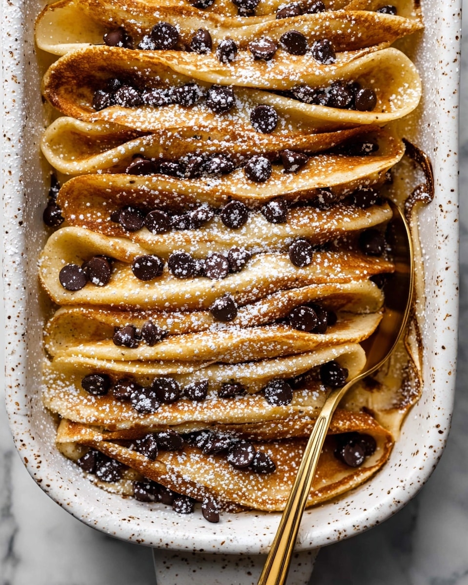 The image shows a baking dish filled with a layered pancake bake, consisting of several rows of folded golden brown pancakes, each folded in half and arranged vertically, side by side. Between the folds are scattered dark chocolate chips, adding small black spots contrasting with the warm brown tone of the pancakes. The entire dish is lightly dusted with white powdered sugar, creating a soft, snowy effect on the surface. The speckled white ceramic baking dish sits on a white marbled surface, with a gold spoon partially inserted under one of the folded pancakes, ready to serve. photo taken with an iphone --ar 4:5 --v 7