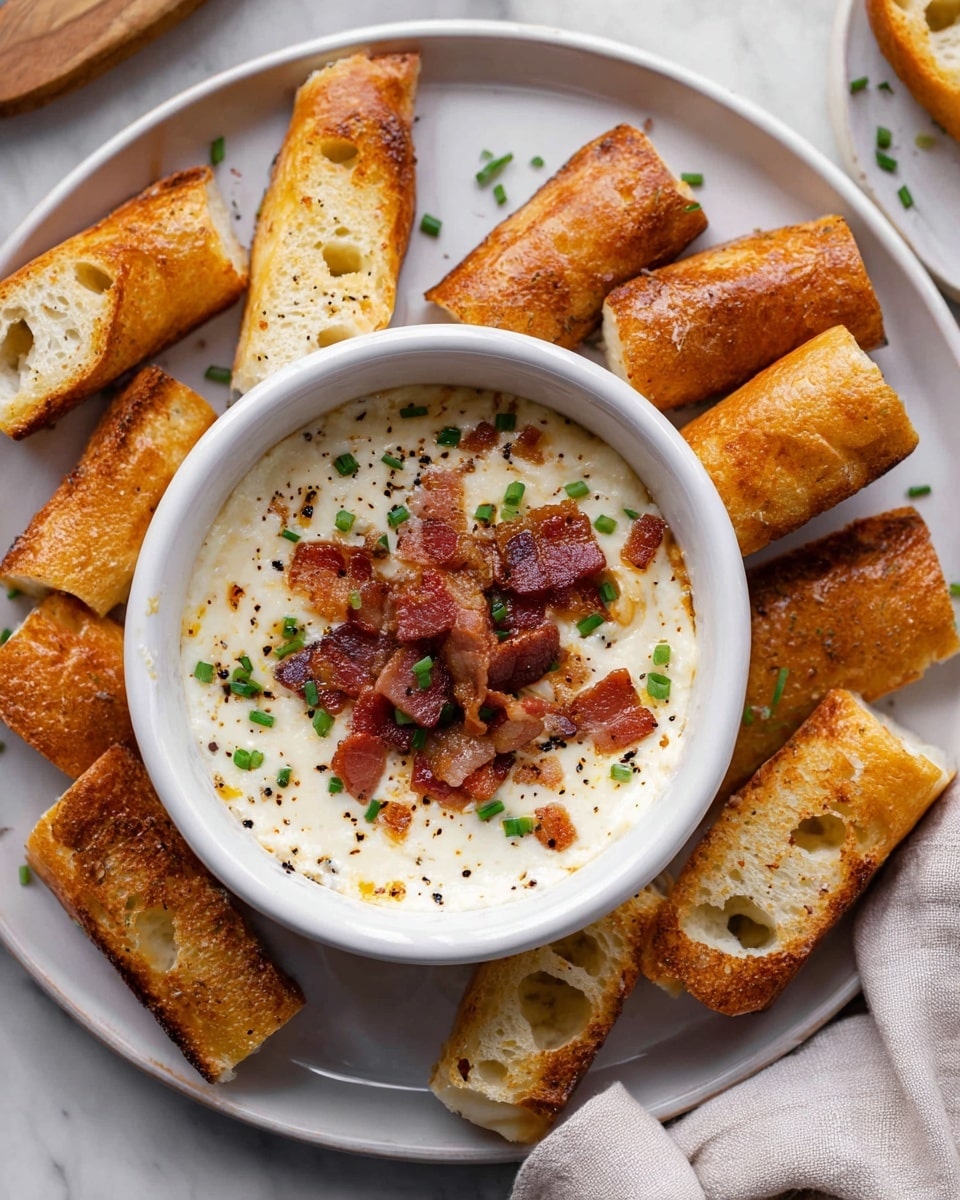 A white bowl in the center holds a creamy white cheesy dip topped with small pieces of crispy bacon, chopped green chives, and a light sprinkle of black pepper. Surrounding the bowl on a round white plate are golden brown toasted bread slices and sticks, some with a light crust and small air holes visible inside. The plate sits on a white marbled surface, with a soft cloth partially visible in the bottom right corner. photo taken with an iphone --ar 4:5 --v 7