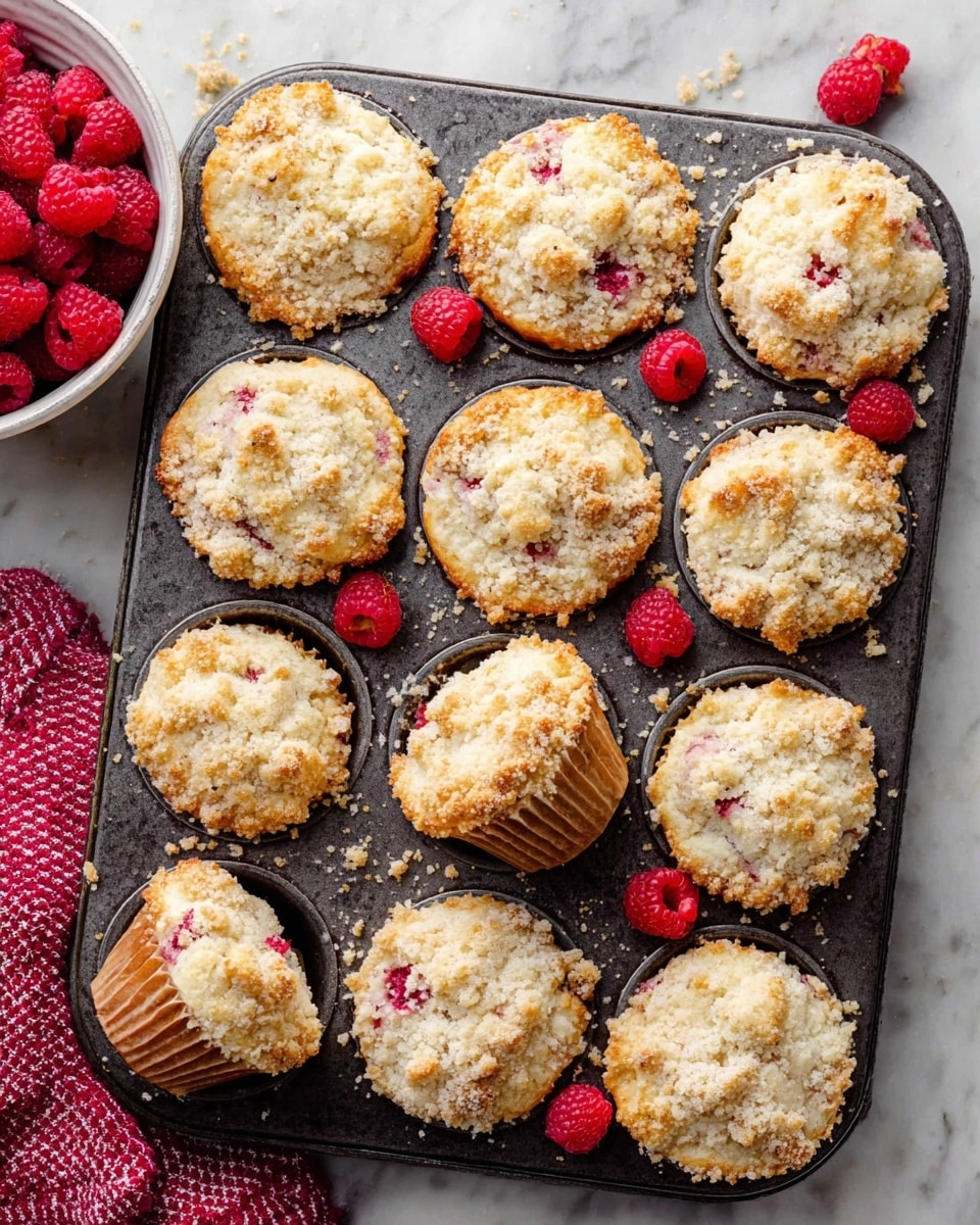 A dark metal muffin tray holds twelve crumb-topped muffins with a golden, slightly browned base and a light, crumbly topping that covers each muffin unevenly. The muffins show small red bits of raspberries inside, some partially broken or tilted to reveal a soft, moist interior flecked with pink. Fresh whole raspberries are scattered around the tray between the muffins, adding bright red color contrast. The tray is placed on a white marbled surface, and a white bowl filled with more raspberries is partially visible on the left side. A red-checked cloth peeks into the bottom left corner. photo taken with an iphone --ar 4:5 --v 7