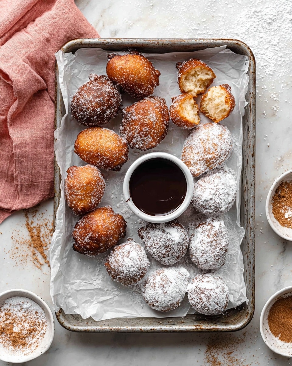 A metal baking tray lined with white parchment paper holds two types of round fritters arranged side by side: six golden-brown fritters coated with sugar on the left, and nine fritters dusted with powdered sugar on the right, one of which is broken to show a light, airy interior. In the center of the tray, a small white round bowl contains dark chocolate sauce. The tray rests on a white marbled texture surface with scattered powdered sugar and cinnamon sugar in three small white bowls near the edges, and a pink cloth peeking from the left side. Photo taken with an iphone --ar 4:5 --v 7