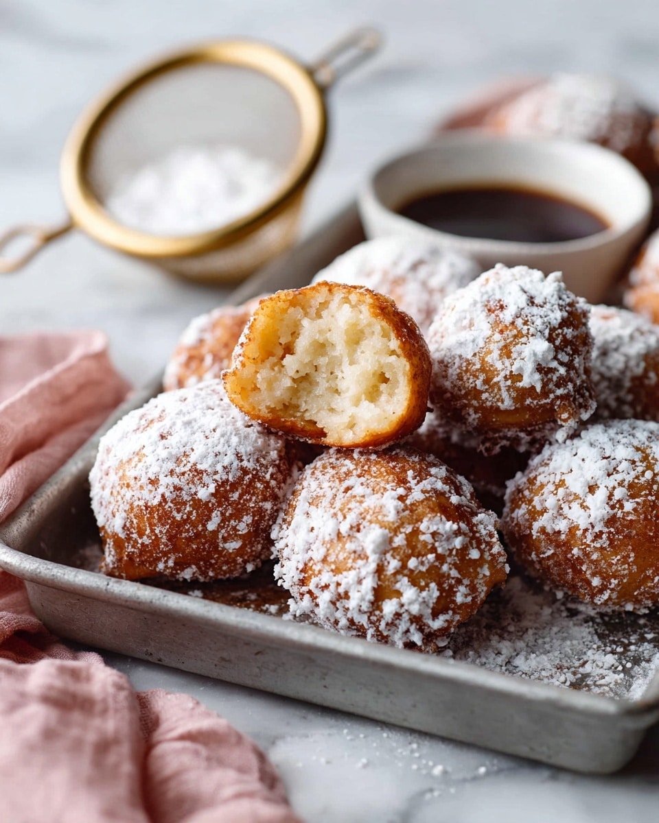 A close-up of several round fritters placed on a gray metal tray on a white marbled surface, each fritter is covered with a layer of white powdered sugar giving a rough texture; one fritter is broken open at the top center showing a light golden brown crispy crust with an airy, soft, and creamy beige inside; behind the fritters, there is a small white bowl filled with dark brown sauce and a golden mesh sieve containing powdered sugar slightly blurred; a soft pink cloth is partially visible at the bottom left corner of the tray; the overall colors are warm with a focus on the white powdered sugar, golden browns, and soft pink; photo taken with an iphone --ar 4:5 --v 7