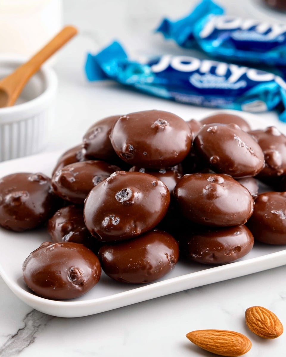 A white rectangular plate holds a pile of smooth, shiny chocolate-covered candies, each with a slightly irregular round shape and small bumps from the almond pieces inside. The candies are deep brown with a glossy texture that catches the light. Around the plate, there are blue wrappers of the candies, and a single almond is visible on the white marbled surface near the plate. In the background, there is a blurred small white bowl with a light brown wooden spoon, all placed on a white marbled surface. photo taken with an iphone --ar 4:5 --v 7