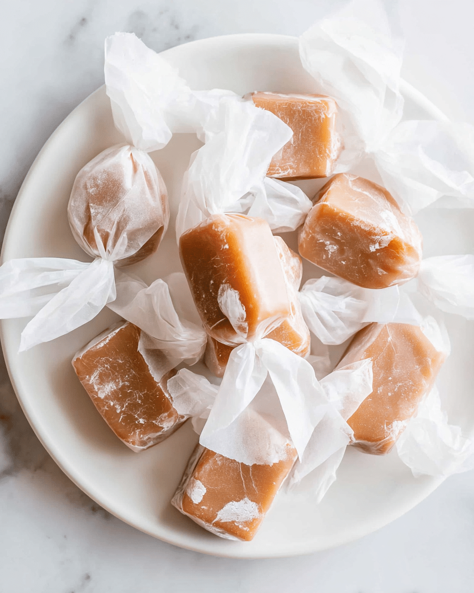 The image shows a white plate filled with about a dozen individually wrapped caramels. Each caramel is rectangular with rounded edges, displaying a smooth, light brown texture with some small white spots visible inside. The caramels are wrapped in translucent white wax paper, twisted at both ends, giving a soft, crinkled look. The plate rests on a white marbled surface, enhancing the clean and simple presentation. photo taken with an iphone --ar 4:5 --v 7