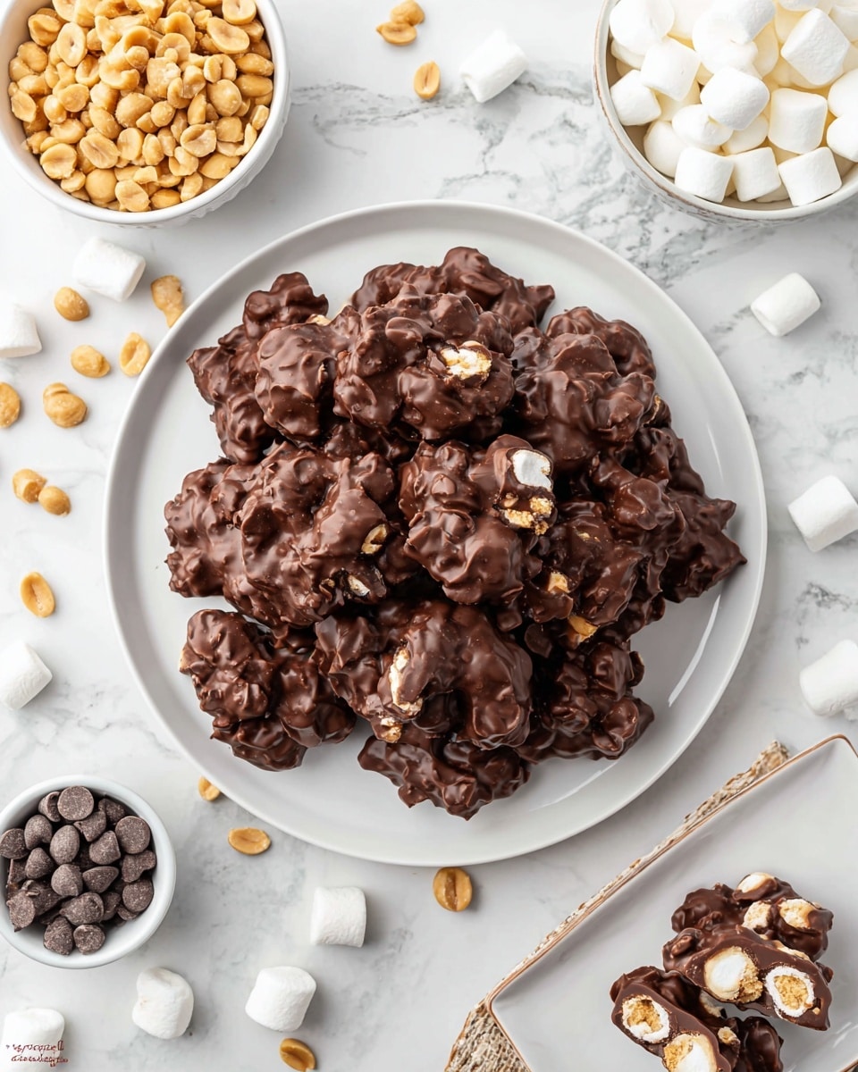 A white round plate filled with a pile of dark chocolate clusters, each cluster showing a rough texture with visible peanuts and marshmallows covered in smooth, glossy dark chocolate. Around the plate, there are three smaller white bowls; one filled with golden peanuts, another with tiny white marshmallows, and the last one with small milk chocolate chips. At the bottom right corner, a small white rectangular plate holds a cut piece of the cluster, revealing layers inside with white marshmallow pieces and light brown peanuts encased in chocolate. The scene is set on a white marbled surface with scattered marshmallows and chocolate chips. photo taken with an iphone --ar 4:5 --v 7