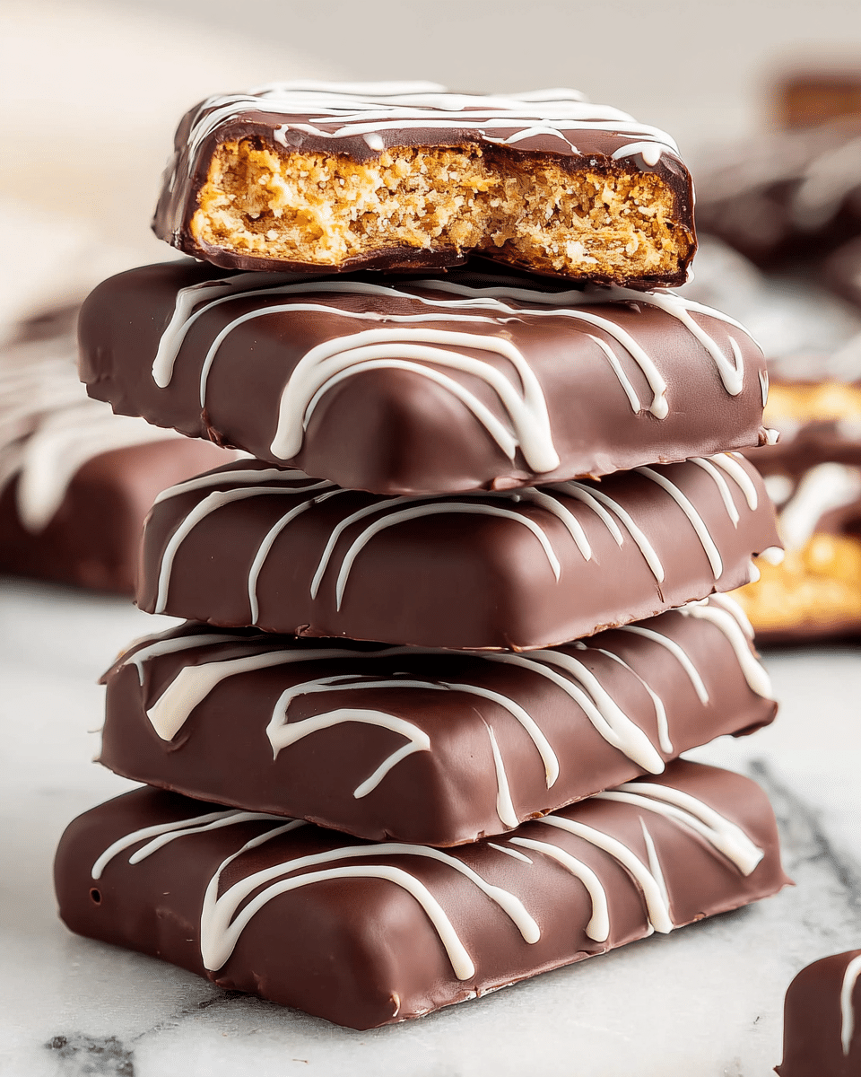 A stack of five rectangular chocolate-covered biscuits sits on a white marbled surface, each biscuit coated in smooth dark chocolate with thin white icing drizzled in wavy lines across the top. The top biscuit is broken in half, revealing a crunchy golden layer inside surrounded by the chocolate coating. The biscuits are neatly stacked, with the layers showing the contrast between the dark chocolate outside and the light, textured biscuit inside. Photo taken with an iphone --ar 4:5 --v 7