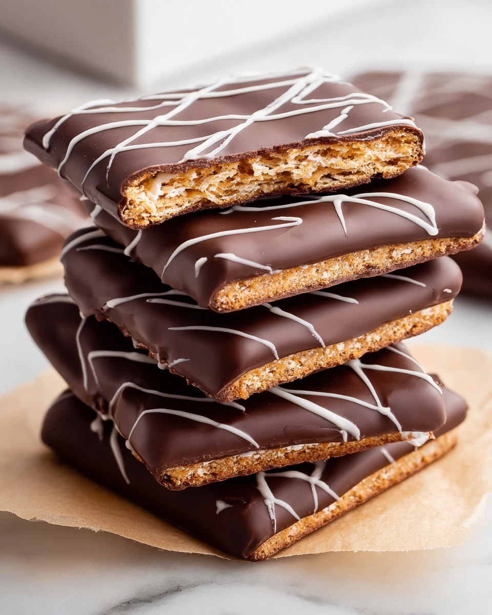 A stack of five rectangular chocolate-coated crackers sits on a piece of parchment paper over a white marbled surface, each cracker coated in a smooth layer of dark chocolate and decorated with thin white chocolate zigzag lines on top. The top cracker is broken in half, revealing a light tan, crispy layered inside with a crunchy texture. The stack shows the thickness of each chocolate layer evenly covering the crunchy cracker base, and a corner of a white box is partly visible in the bottom left corner of the image. Photo taken with an iphone --ar 4:5 --v 7