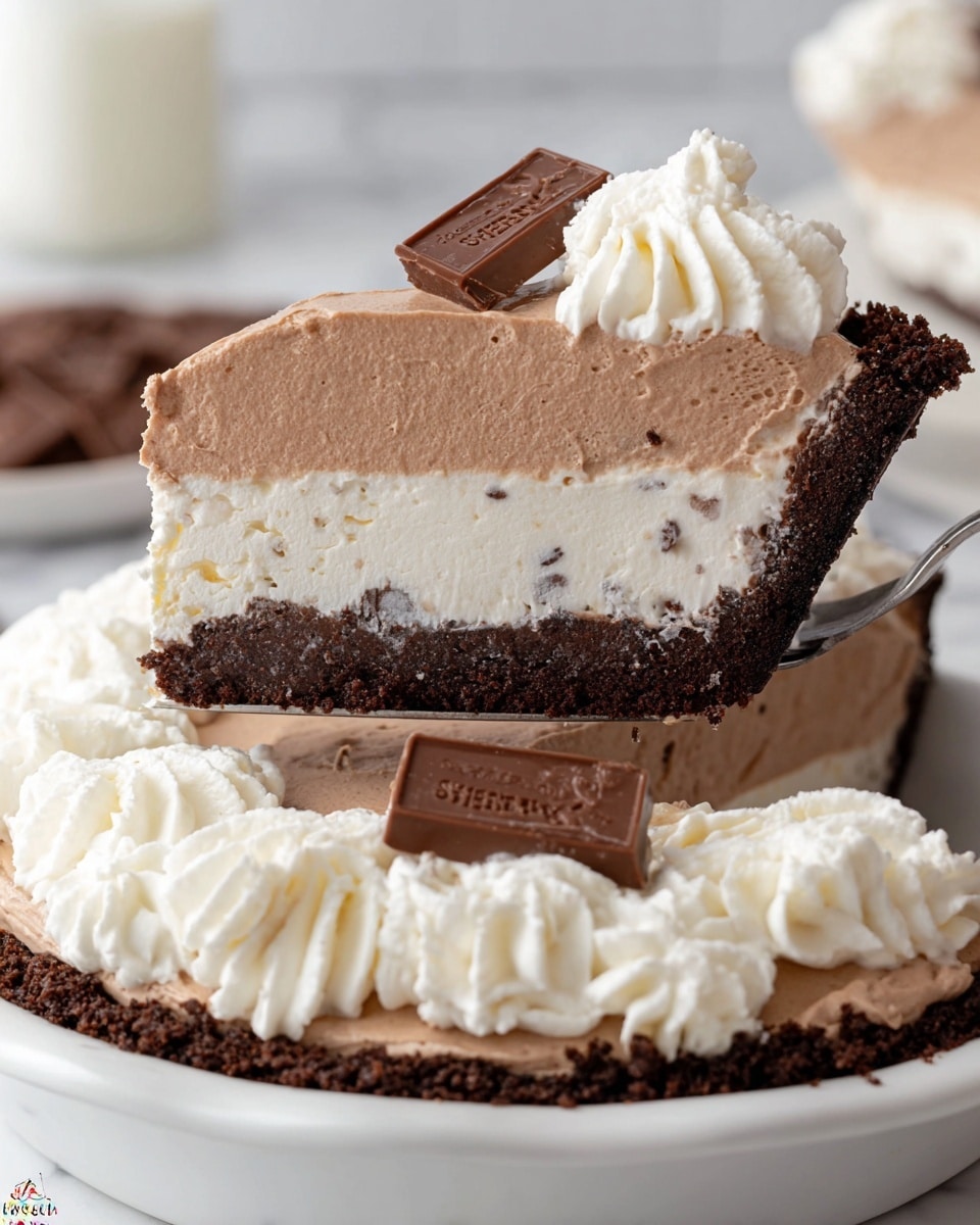 A slice of pie is shown lifted above a white pie dish on a white marbled surface. The pie has three layers: a dark brown crumbly crust on the bottom, a thick middle layer of fluffy white cream with small dark specks, and a top layer of smooth light brown chocolate mousse. On top of the slice is a swirl of white whipped cream with a small Hershey's chocolate square sticking out. The pie in the dish shows the same layers and another swirl with chocolate square. The image is bright and clear, focusing closely on the pie's creamy texture. Photo taken with an iphone --ar 4:5 --v 7