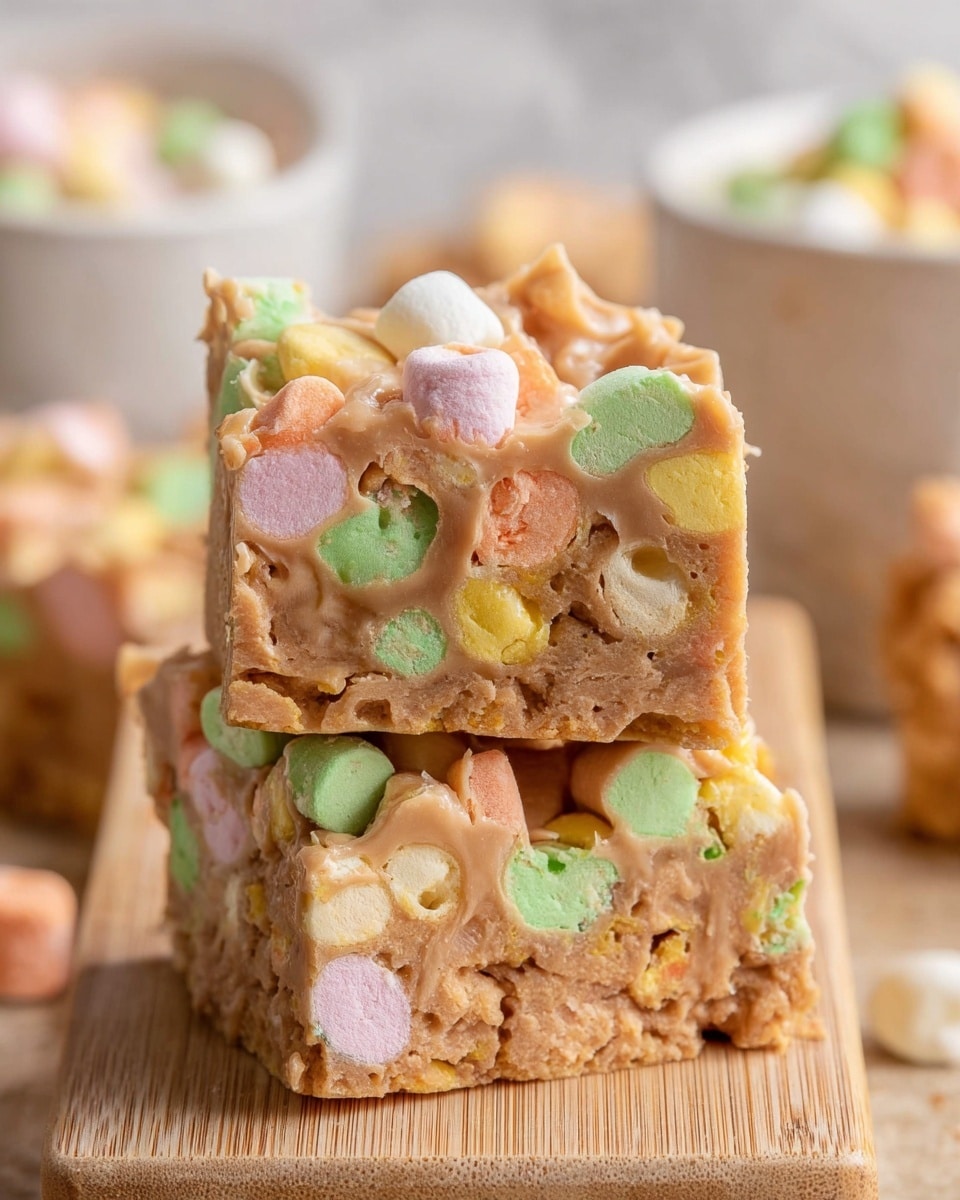 The image shows two stacked squares of a sweet treat made of a dense, light brown base that looks smooth and slightly sticky. Mixed throughout the base are many small, colorful marshmallows in pastel colors like green, yellow, pink, and orange, adding textures of soft, fluffy bits. The top square is broken and tilted, showing the gooey and chewy inside with visible rounded marshmallow pieces and irregular edges. The squares are placed on a light wooden surface, with blurred soft bowls in the background, all set on a white marbled background. photo taken with an iphone --ar 4:5 --v 7