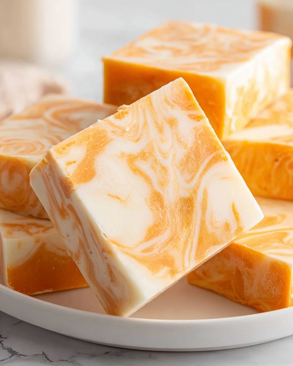 A stack of seven square fudge pieces is shown on a white marbled surface, each piece layered neatly on top of the other. The fudge has a smooth texture with a creamy mix of orange and pale yellow swirls, giving it a marbled effect. The edges are straight and clean, and the surface has a slight sheen, showing its softness. The colors alternate subtly in each layer, and the top piece displays a brighter orange tone with some pale yellow patches. Photo taken with an iphone --ar 4:5 --v 7