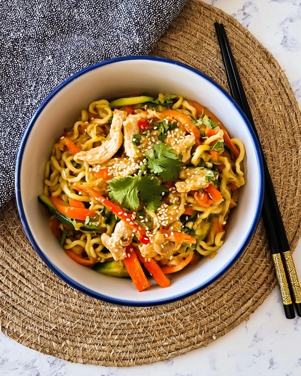 The dish is a bowl of noodles mixed with several colorful layers. The bottom layer is light yellow noodles, soft and twisted around. On top, there are bright orange carrot sticks and green zucchini slices, cut thin and long. Pieces of cooked chicken, white with a slight brown edge, are spread evenly. Small green cilantro leaves and white sesame seeds are sprinkled over the dish, adding texture. There are also tiny red chili bits scattered, giving a pop of red color. The bowl is white with a blue rim, sitting on a round woven mat and next to black and gold chopsticks, all placed on a white marbled surface. Photo taken with an iphone --ar 4:5 --v 7