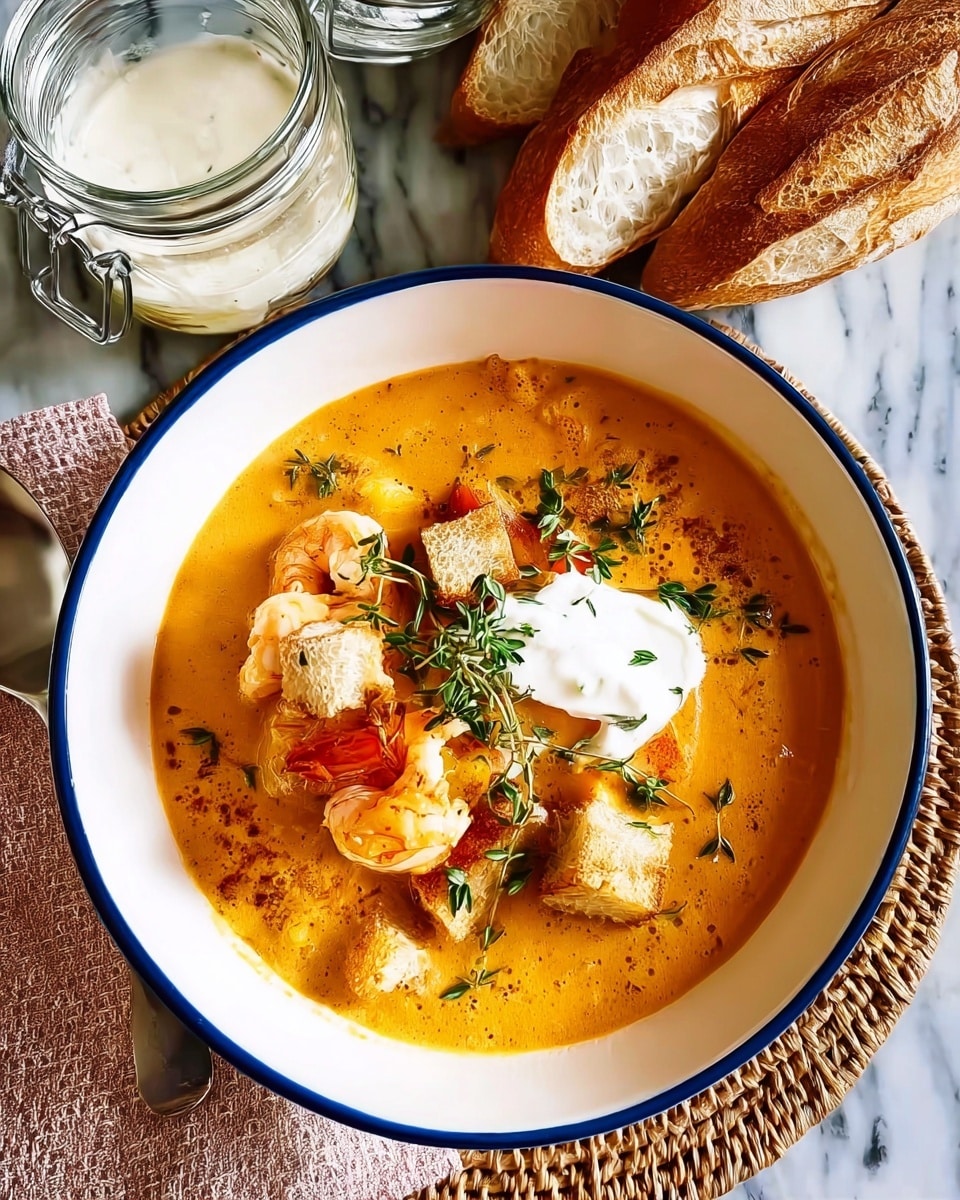 A white bowl with a thin blue line around the edge holds a creamy orange soup filled with chunky pieces of seafood and fish. On top of the soup, there is a dollop of white cream, golden toasted bread cubes scattered around, and fresh green thyme sprigs placed delicately. Beside the bowl, there is a glass jar with white sauce and a silver spoon, as well as a sliced crusty baguette with a golden brown crust and soft interior on a woven mat. The whole setting is on a white marbled surface. photo taken with an iphone --ar 4:5 --v 7