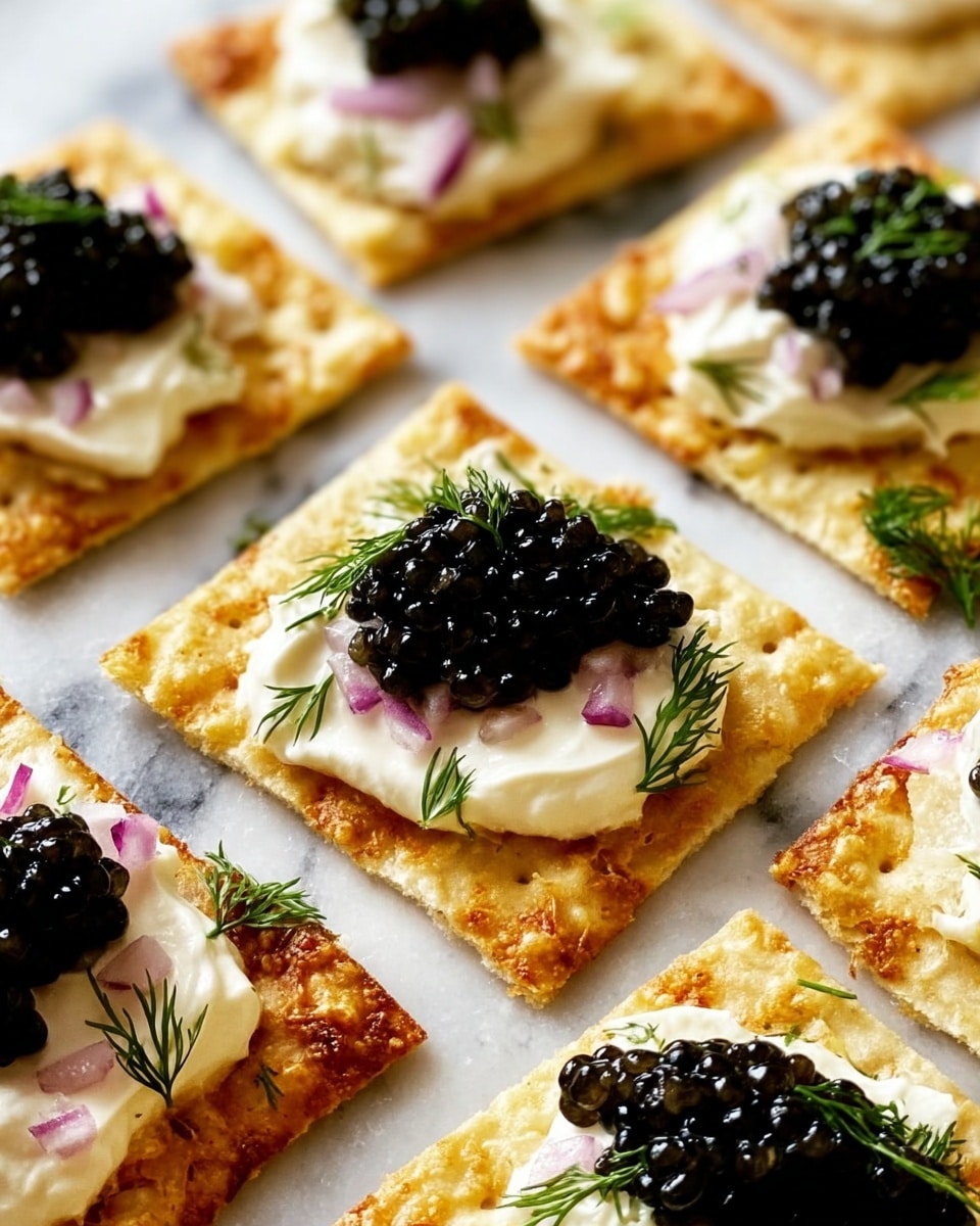 The image shows several square crackers, each with a crispy texture and a light golden-brown color. On top of each cracker, there is a smooth white dollop of cream, with a small pile of shiny black caviar resting on the cream. Thin pieces of light purple onion are scattered over the crackers, adding a delicate touch of color. Small green dill sprigs are sprinkled on top, giving a fresh and vibrant look. The crackers are laid out closely together on a white marbled surface. photo taken with an iphone --ar 4:5 --v 7