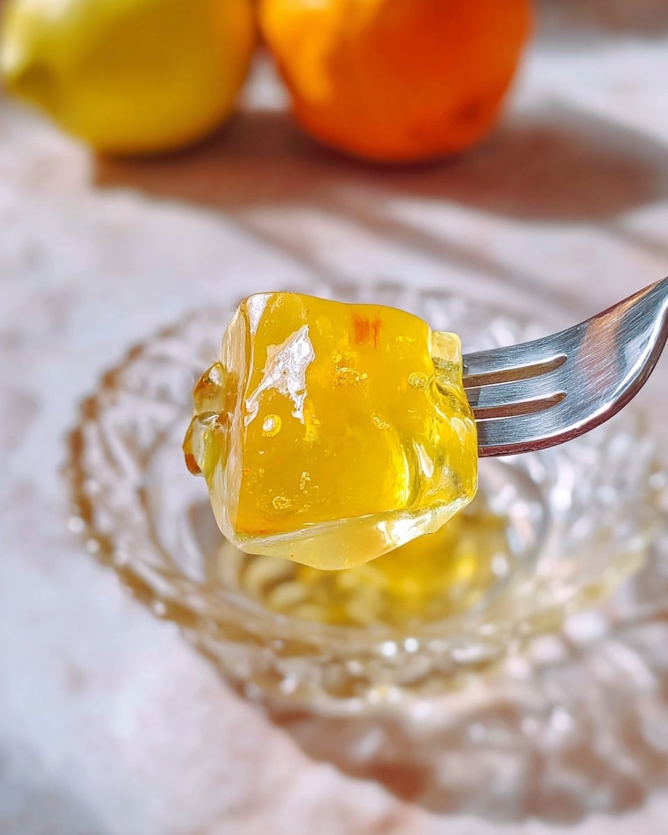 A shiny yellow jelly piece held by a silver fork is shown close up, with the jelly having a translucent and slightly glossy texture and small bits inside. Below, there is a clear glass dish with a patterned edge on a white marbled surface. In the blurred background, an orange object and a yellow lemon-like fruit appear. Photo taken with an iphone --ar 4:5 --v 7