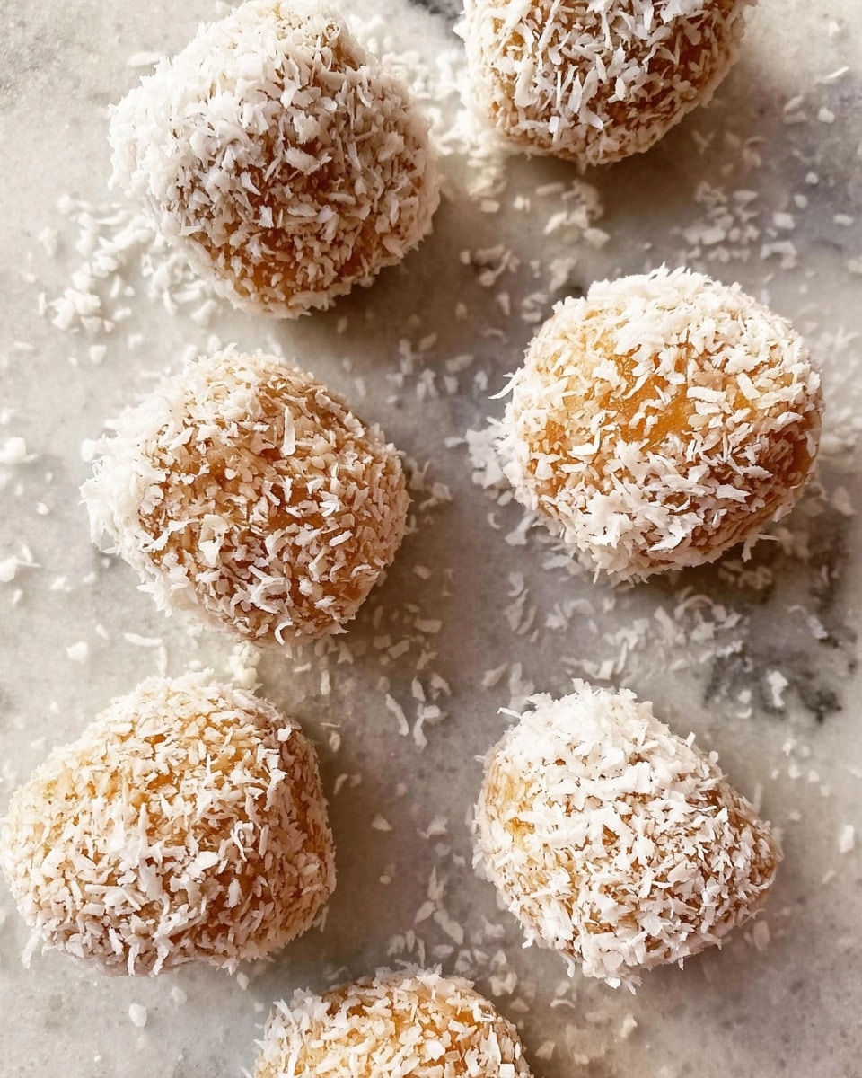 The image shows seven small, rounded, rough-textured treats coated in white shredded coconut flakes. Each piece has a light brown base layer visible under the coconut, giving a slightly uneven but natural look. The treats are placed on a surface with a white marbled texture that adds subtle light and shadow variations around them. The coconut flakes cover each treat generously, creating a fluffy outer layer with some flakes scattered around on the surface. photo taken with an iphone --ar 4:5 --v 7