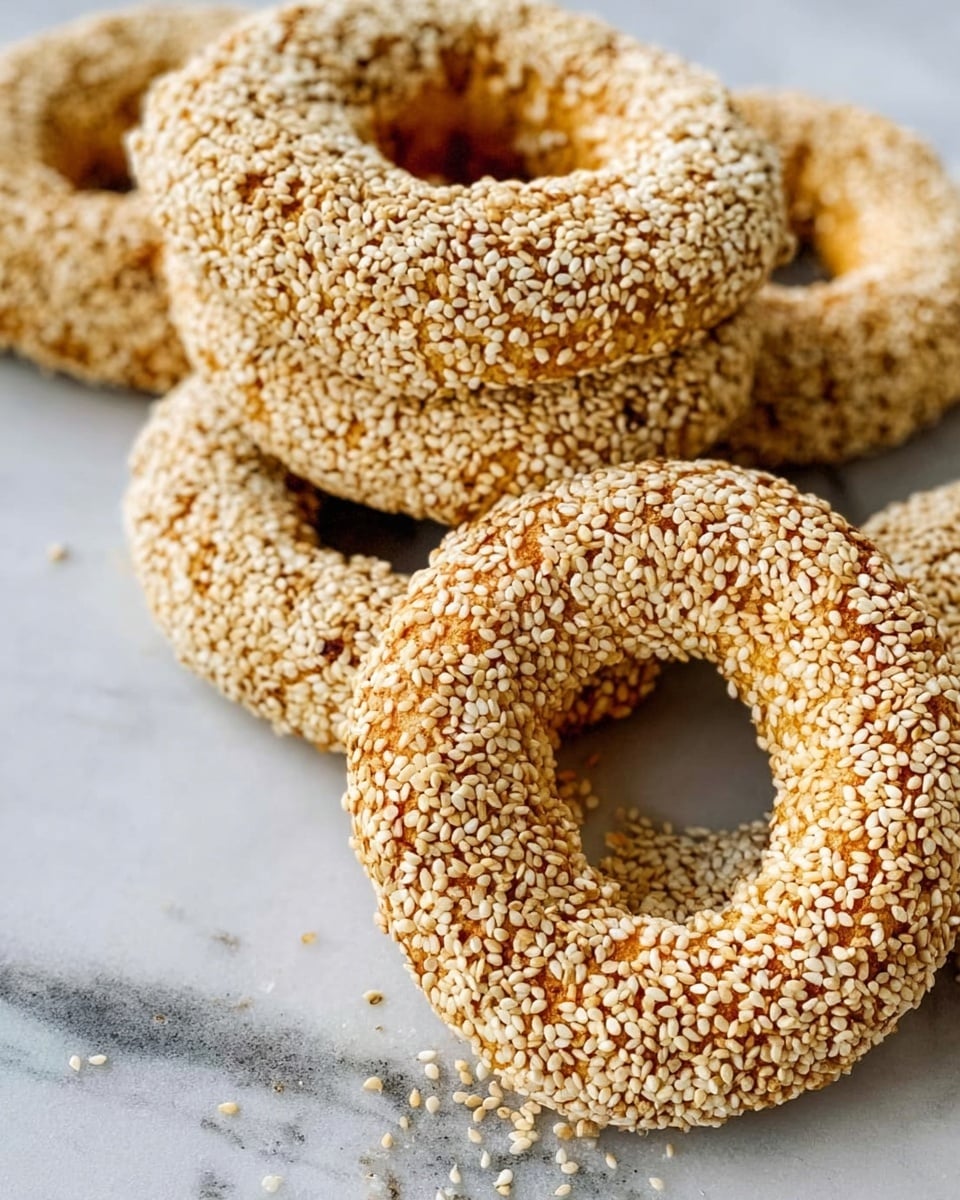 The image shows several round bread rings covered fully with light beige sesame seeds, stacked and overlapping each other on a white marbled surface. The bread underneath the seeds is golden brown and looks crunchy. The sesame seeds add a textured layer, densely packed on the smooth bread surface. Scattered sesame seeds lie around the bread rings, adding natural detail to the scene. photo taken with an iphone --ar 4:5 --v 7