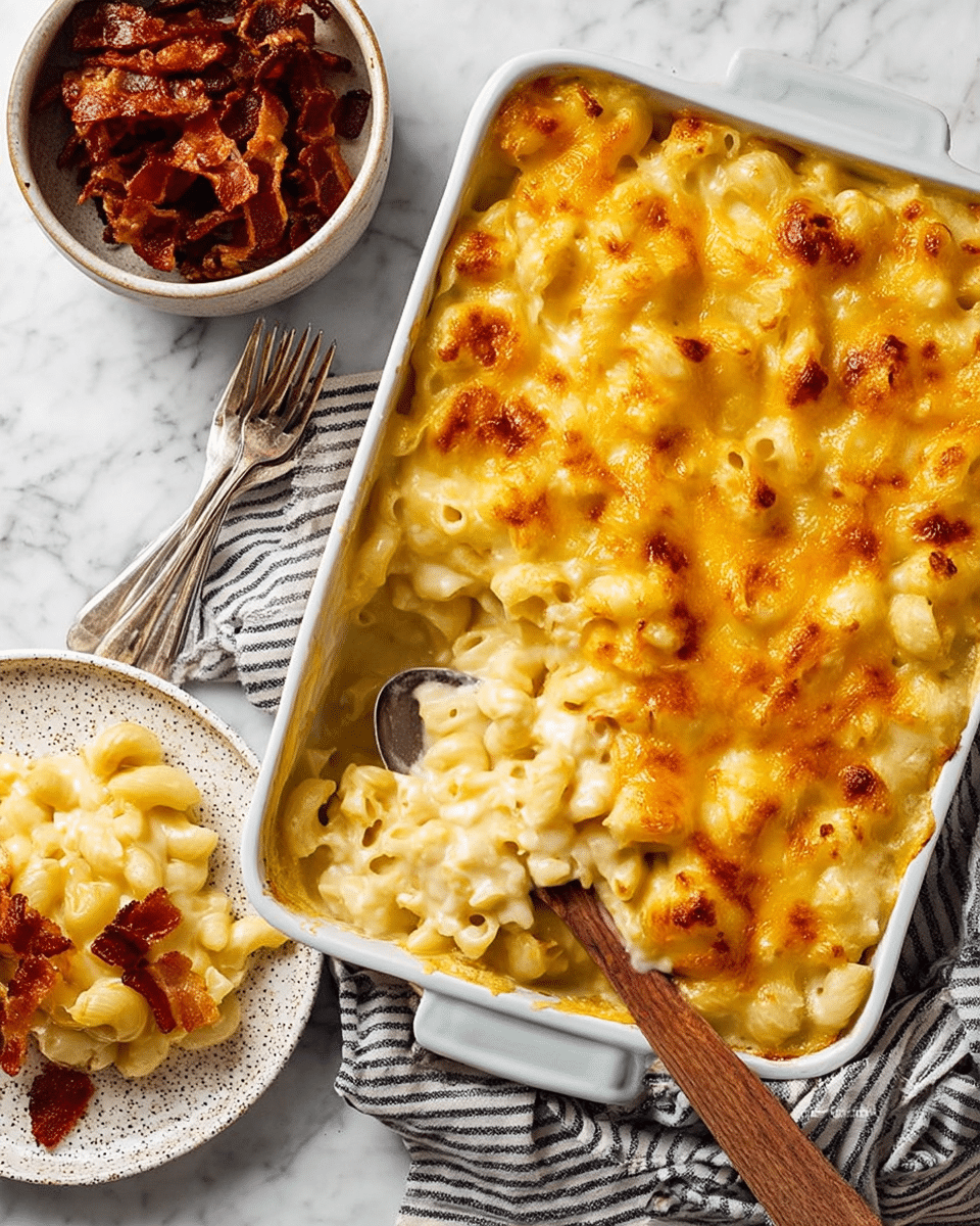 A large white rectangular baking dish holds a creamy macaroni and cheese casserole with a bubbling golden-yellow melted cheese layer on top, slightly browned in spots. A wooden spoon scoops out a portion from the bottom left corner, revealing creamy macaroni pasta beneath the cheese. Next to the baking dish, a white speckled round plate contains a serving of the macaroni and cheese topped with crisp brown bacon pieces, with a fork resting on the plate. Above both dishes is a white speckled bowl filled with more crispy bacon strips. All dishes rest on a white marbled surface with a striped cloth partially visible at the bottom right corner. photo taken with an iphone --ar 4:5 --v 7