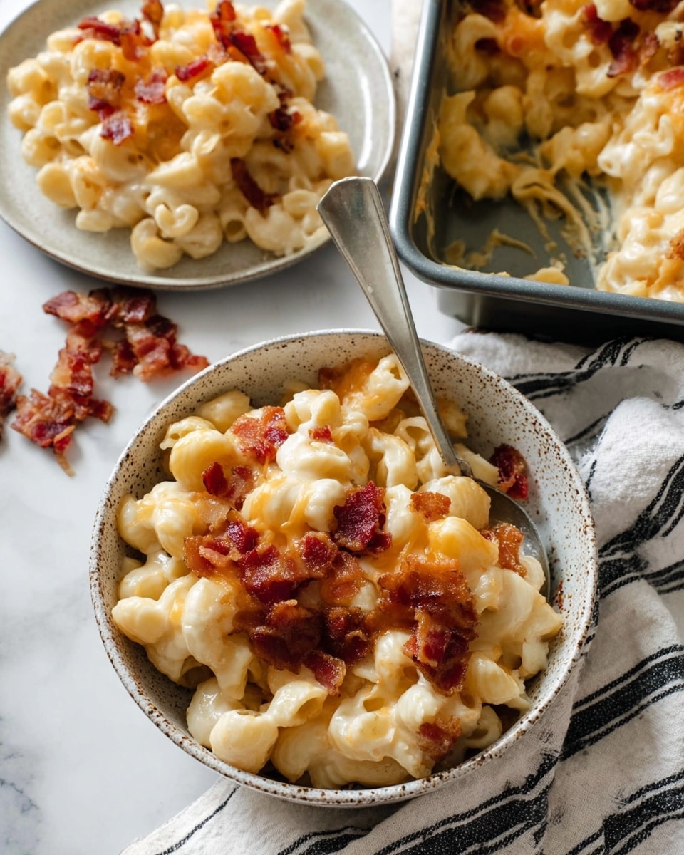 A close-up of macaroni and cheese served in a white speckled bowl in the center, showing creamy melted cheese coating small pasta shapes with crispy bacon pieces scattered on top, a silver spoon resting in the bowl on the right side; behind it, another white speckled plate with a similar creamy pasta and bacon portion is slightly out of focus, with a metal baking dish filled with creamy macaroni and cheese visible in the upper right corner, all placed on a white marbled surface with a white cloth featuring black stripes partially under the white bowl, next to small pieces of bacon on a small white speckled plate in the lower left; the cheese is a mix of pale yellow and orange shades with a smooth, gooey texture, and the bacon is reddish-brown with a crisp, crunchy appearance, photo taken with an iphone --ar 4:5 --v 7