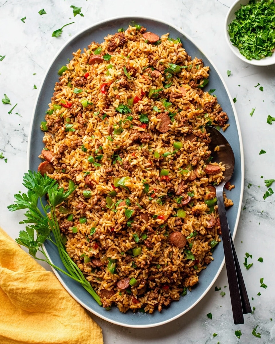 A large oval white plate filled with cooked rice mixed with small pieces of browned ground meat and diced sausage, finely chopped green bell peppers, and bits of onion, all combined and coated in a light reddish-brown seasoning. Small green parsley leaves are sprinkled throughout the dish and a few fresh parsley sprigs lie on the left side of the plate. A metal spoon with a black handle rests on the right edge of the plate. The plate is placed on a white marbled surface with some chopped parsley scattered around, and a small white bowl filled with chopped parsley is partially visible on the top right corner next to a yellow cloth. photo taken with an iphone --ar 4:5 --v 7