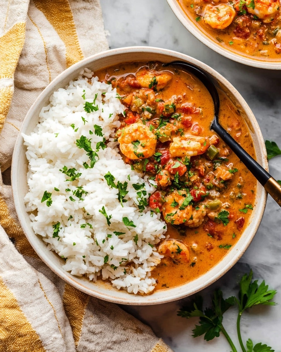 The image shows a white bowl filled with two main layers: on one side, fluffy white rice sprinkled with small pieces of green herbs; on the other side, a creamy orange stew with visible chunks of shrimp, green peppers, and red tomatoes, garnished lightly with fresh green parsley leaves. A black spoon rests inside the bowl on the rice side, and the bowl sits on a white marbled surface next to a beige cloth with yellow stripes, with part of a second bowl visible at the top right corner. Photo taken with an iphone --ar 4:5 --v 7