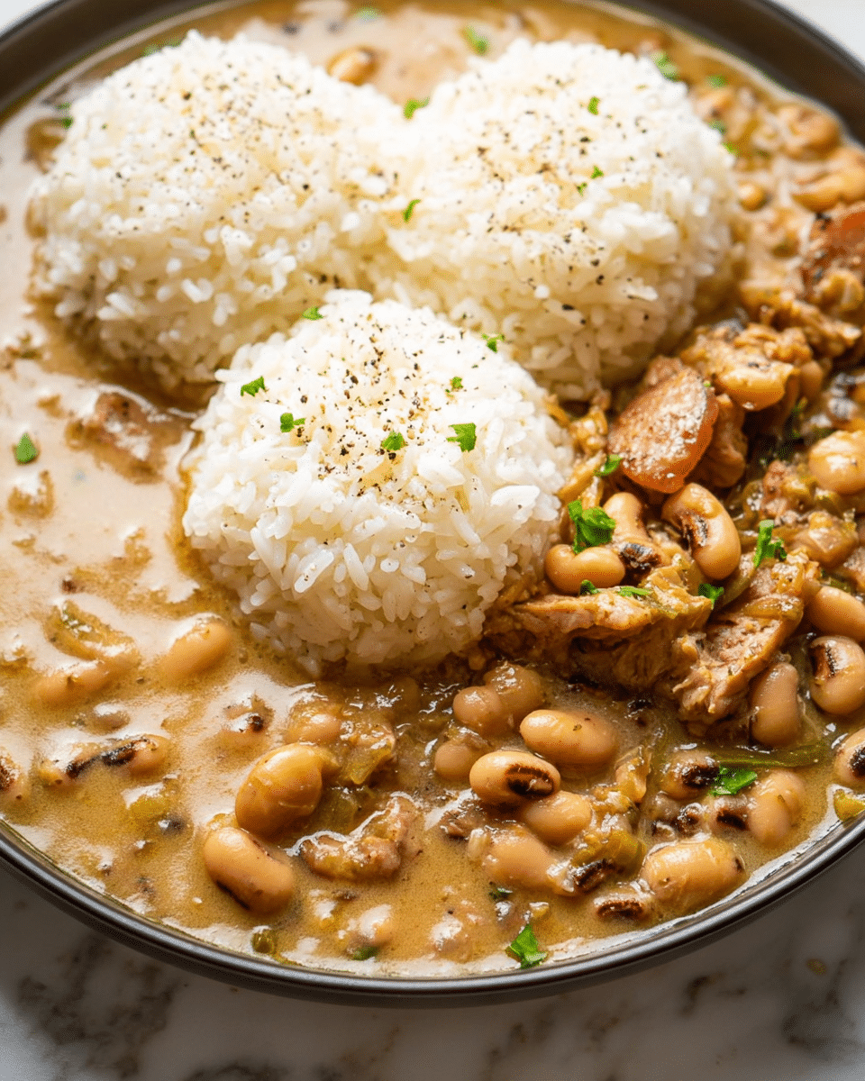 This image shows a plate with three round scoops of white rice sprinkled with black pepper, placed near the top center. Surrounding the rice is a thick brown stew filled with black-eyed peas, pieces of cooked meat, and small green herb leaves scattered around. The rice grains are fluffy and separate, while the stew looks creamy with a mix of soft beans and tender meat chunks. The entire dish sits on a white plate set against a white marbled textured surface. photo taken with an iphone --ar 4:5 --v 7