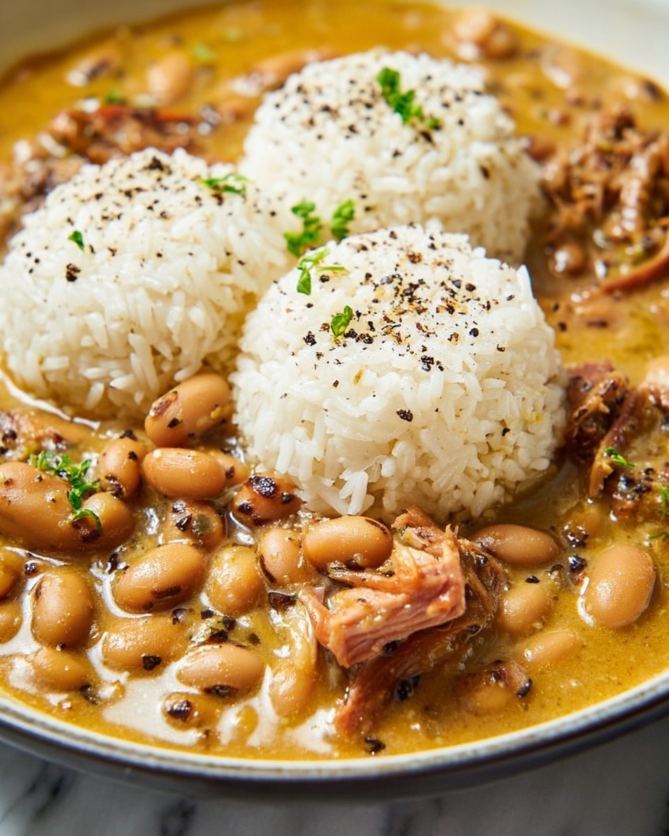 The image shows a close-up view of a dish with three scoops of white rice at the top, each scoop round and sprinkled with black pepper and small green herb leaves. Surrounding the rice are thick, creamy yellow-brown beans with black eyes, mixed with pieces of tender brown meat distributed evenly throughout. The beans have a smooth, slightly glossy texture, and the meat bits add a fibrous look. The whole dish is served in a white bowl, placed on a white marbled surface. photo taken with an iphone --ar 4:5 --v 7