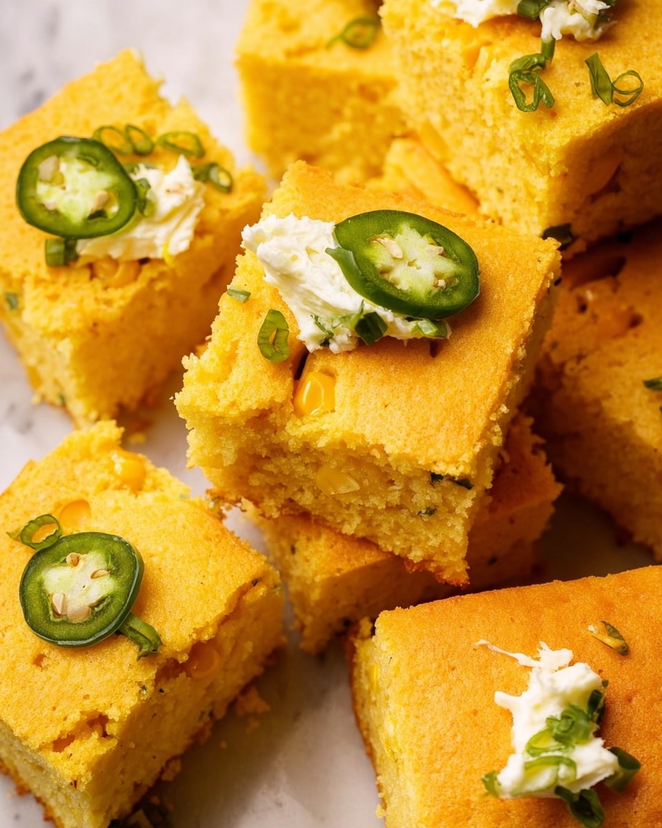 A close-up image showing several square pieces of bright yellow cornbread arranged closely on a white marbled surface. Each piece has a soft and crumbly texture with visible corn kernels embedded inside. Some squares are plain on top while others are topped with a dollop of creamy white butter mixed with small green jalapeño slices, adding a fresh contrast. A few thin slices of jalapeño pepper also rest on top of some squares, adding a touch of green color. The cornbread looks moist and fluffy with a golden crust on the edges. photo taken with an iphone --ar 4:5 --v 7