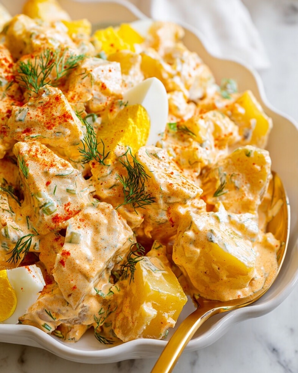 The image shows a close-up of a creamy potato salad in a white plate with scalloped edges, placed on a white marbled surface. The salad has three main layers: large chunks of soft yellow potatoes coated in a thick, light orange dressing with specks of black pepper and paprika, slices of hard-boiled eggs with bright yellow yolks and white edges, and bits of fresh green dill sprinkled evenly throughout. There is a gold spoon partially buried in the salad, covered in the dressing, and the textures are rich and smooth with some creaminess. photo taken with an iphone --ar 4:5 --v 7