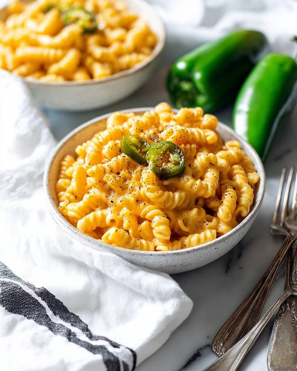 A bowl filled with creamy macaroni and cheese, made with spiral-shaped pasta coated in a shiny, smooth orange cheese sauce; small pieces of green chili scattered on top, with a sprinkling of black pepper adding contrast; the macaroni layer is dense and piled high in a white bowl with a light rustic texture; in the background, a second bowl of the same macaroni sits slightly out of focus; next to the bowls are two fresh, shiny green chili peppers resting on a white marbled surface, alongside a white cloth with black stripes and two rustic silver forks. photo taken with an iphone --ar 4:5 --v 7