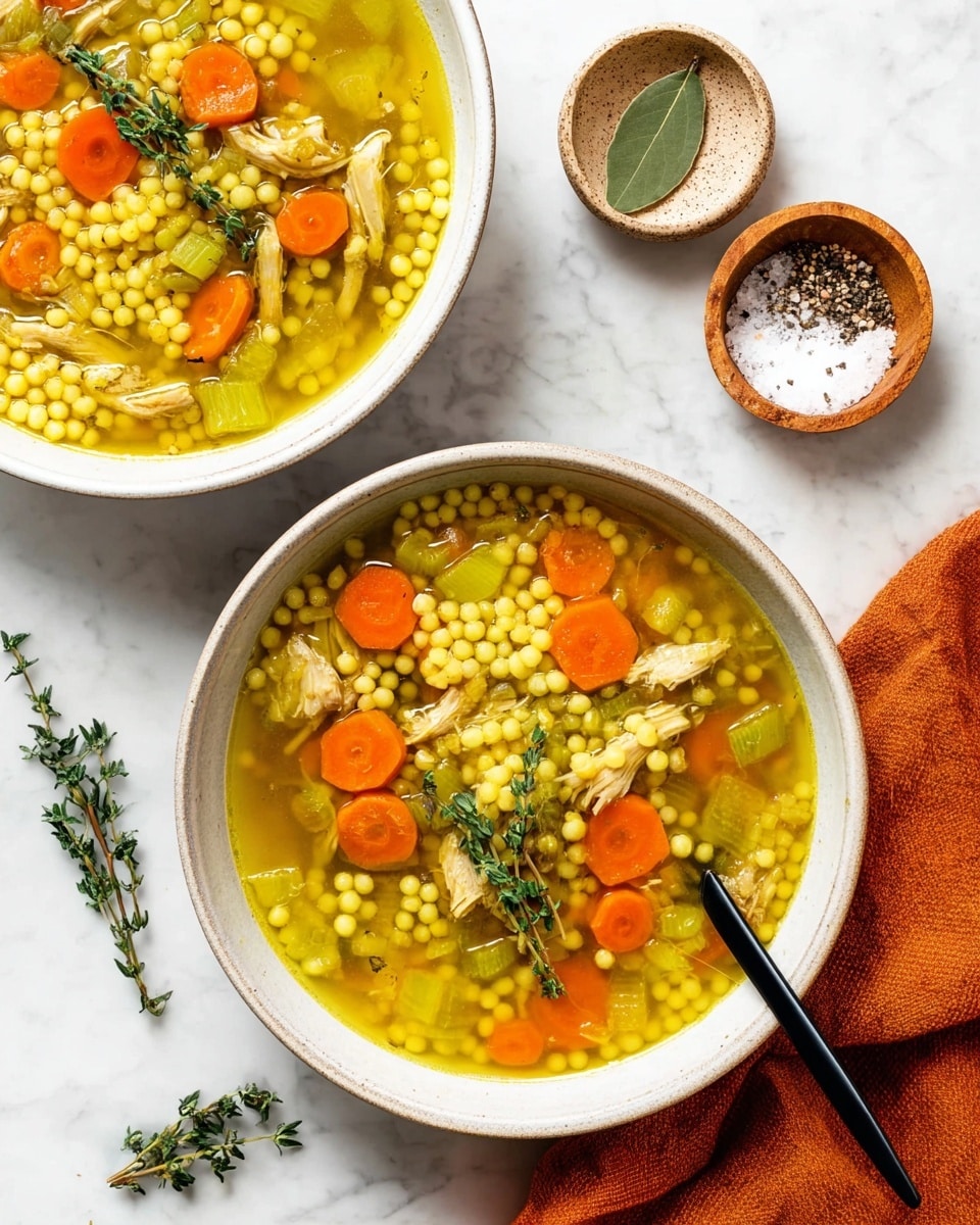 Two white bowls filled with a clear yellow broth soup featuring small round yellow couscous pearls, bright orange carrot slices, light green celery pieces, and shredded pieces of chicken all mixed together. Fresh green thyme sprigs rest on top of the soup in each bowl. A black spoon is placed inside the bottom bowl. The bowls sit on a white marbled surface next to a small white bowl with coarse salt and pepper and another small white bowl holding a bay leaf, with an orange cloth nearby. photo taken with an iphone --ar 4:5 --v 7