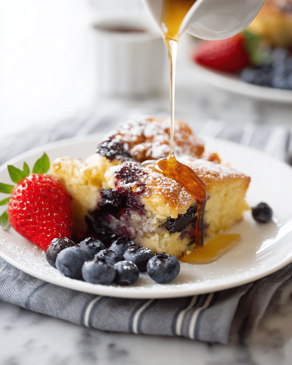 A white plate holds a slice of blueberry cobbler with a golden, crumbly top layer that is dusted lightly with powdered sugar. Below the top, the middle layer shows juicy dark purple blueberries bubbling through the soft, yellow cake base. Fresh blueberries and a bright red strawberry sit beside the slice on the plate, with golden syrup being poured over the cobbler, catching light and creating a shiny, sticky shine on top. The plate is placed on a folded gray and white striped cloth against a white marbled surface in soft daylight. Photo taken with an iphone --ar 4:5 --v 7