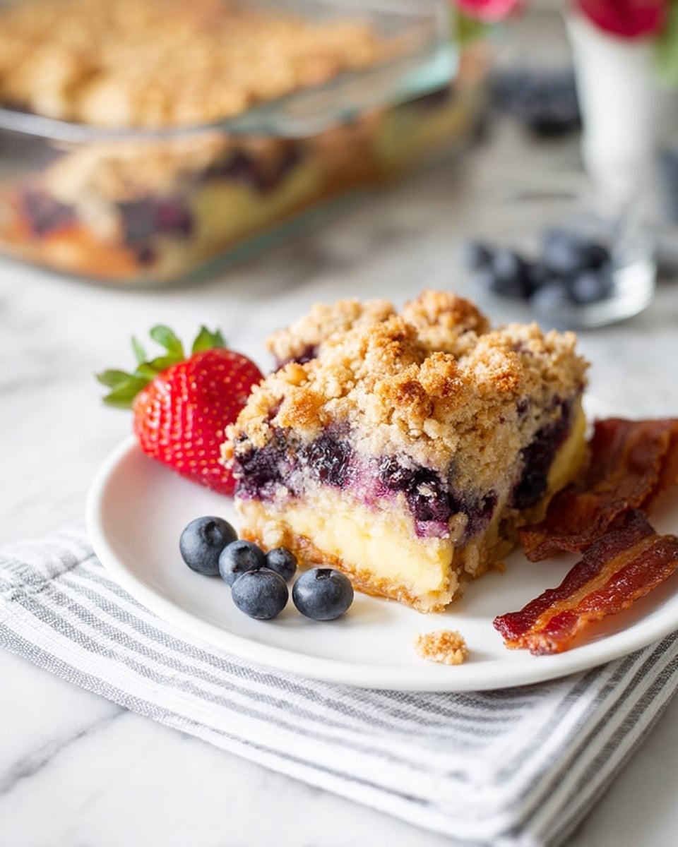 A square slice of crumb-topped bake is placed on a white plate, showing visible layers including a golden brown crumbly top, a thick cream-colored middle layer, and a darker purple-blue layer with blueberries inside near the base. A fresh red strawberry and a few loose blueberries sit next to the slice on the plate, along with two crispy, reddish-brown bacon strips on the right side. The plate rests on a folded light gray and white striped cloth on a white marbled surface. In the blurred background, a clear glass baking dish with the remaining baked dish is visible. photo taken with an iphone --ar 4:5 --v 7