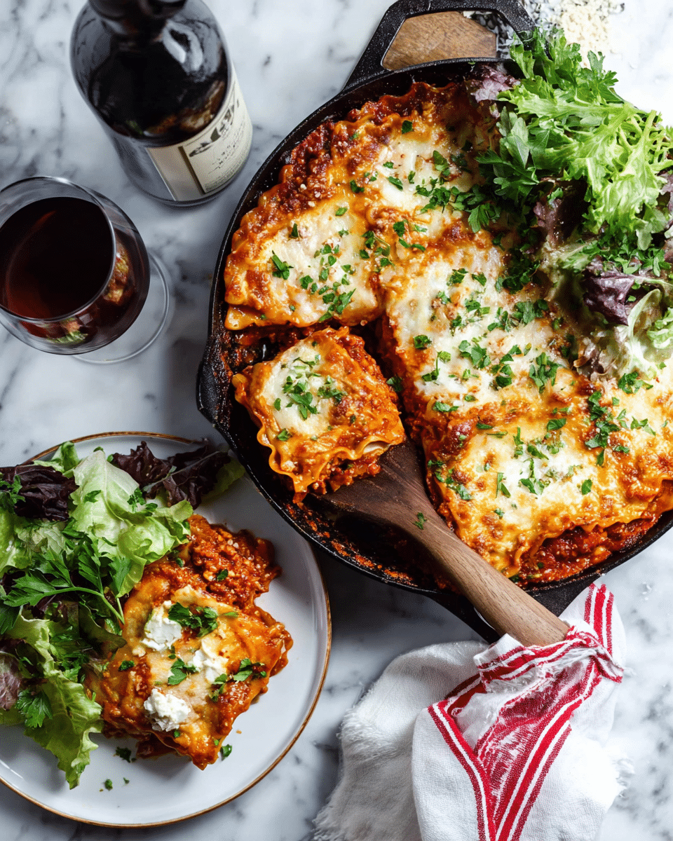 A round black cast iron pan holds a baked lasagna with three visible layers: a golden melted cheese top sprinkled with green chopped herbs, a middle rich red tomato meat sauce, and bottom pasta sheets peeking from the side. A wooden spatula lifts a square piece showing the layers clearly. Next to the pan on a white plate are two large portions of the lasagna with melted cheese on top, garnished with fresh green parsley and mixed salad leaves on the side. A glass of red wine and a white cloth with red stripes rest on a white marbled surface around the pan. photo taken with an iphone --ar 4:5 --v 7