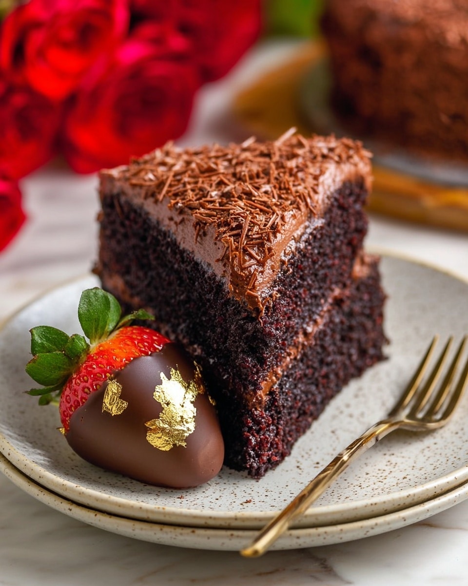A close-up shot of a single slice of rich chocolate cake with one thick layer of dark, moist chocolate sponge cake topped by a smooth, thick layer of chocolate frosting sprinkled with fine chocolate shavings. Next to the cake on the same white speckled plate is a large strawberry dipped in glossy dark chocolate, decorated with pieces of gold leaf on its surface and fresh green leaves at the top. The plate rests on another white speckled plate, all set on a white marbled texture background with blurred red roses in the background. A silver fork with a woman's hand is partly visible in the background. Photo taken with an iphone --ar 4:5 --v 7